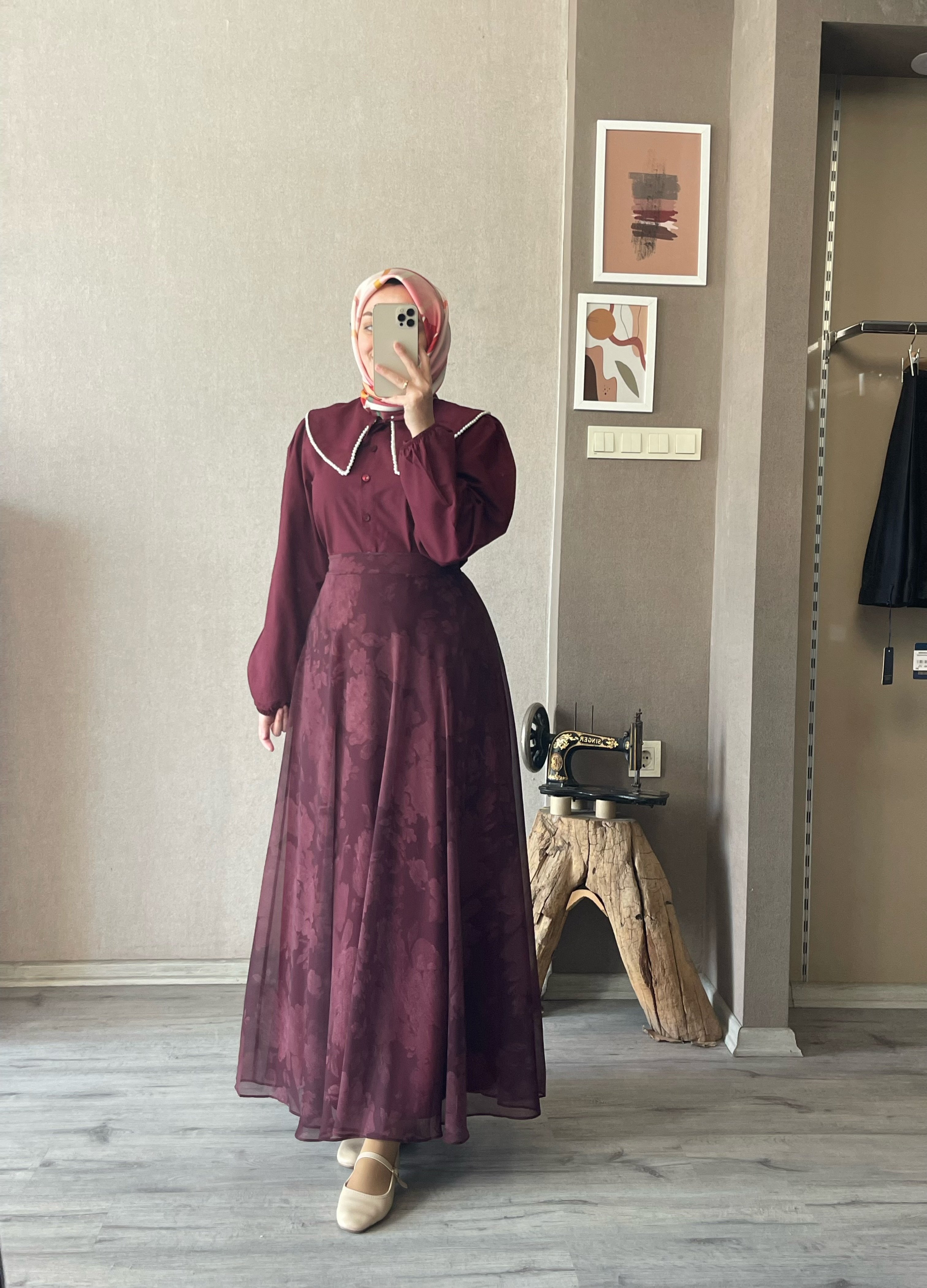 Bordo ceriy şifon etek - 1089