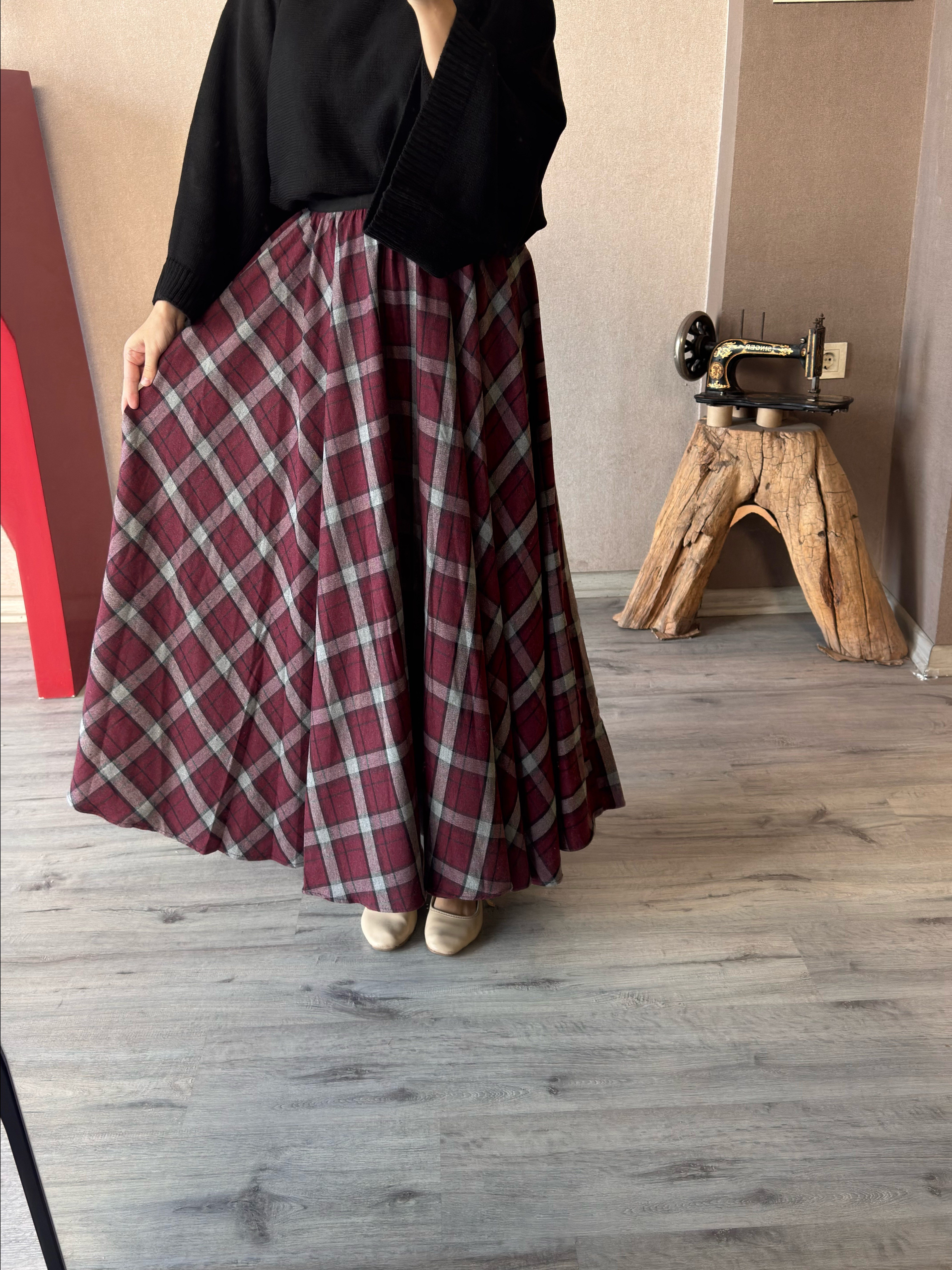 Bordo kareli ekose etek -  1188