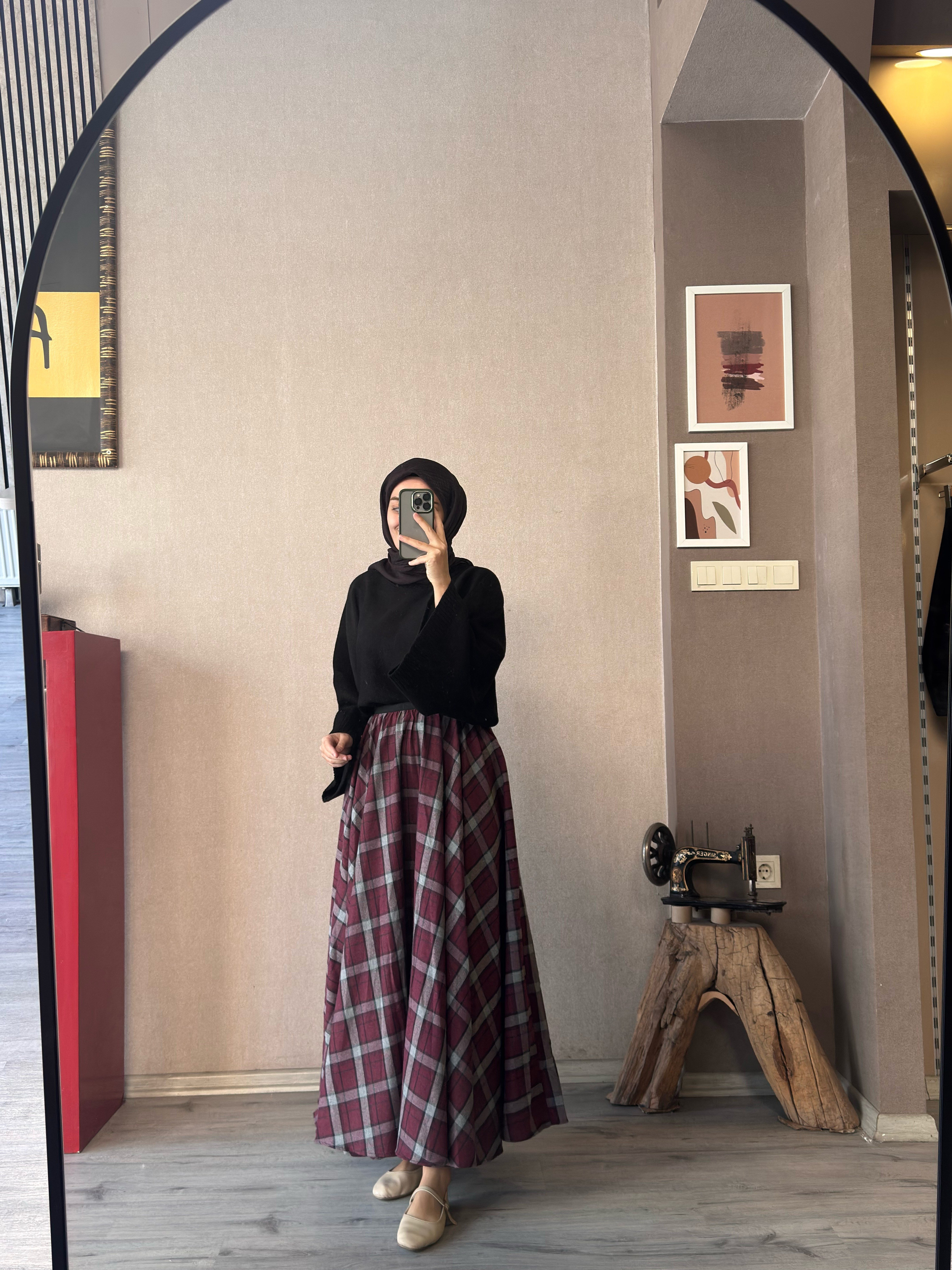 Bordo kareli ekose etek -  1188