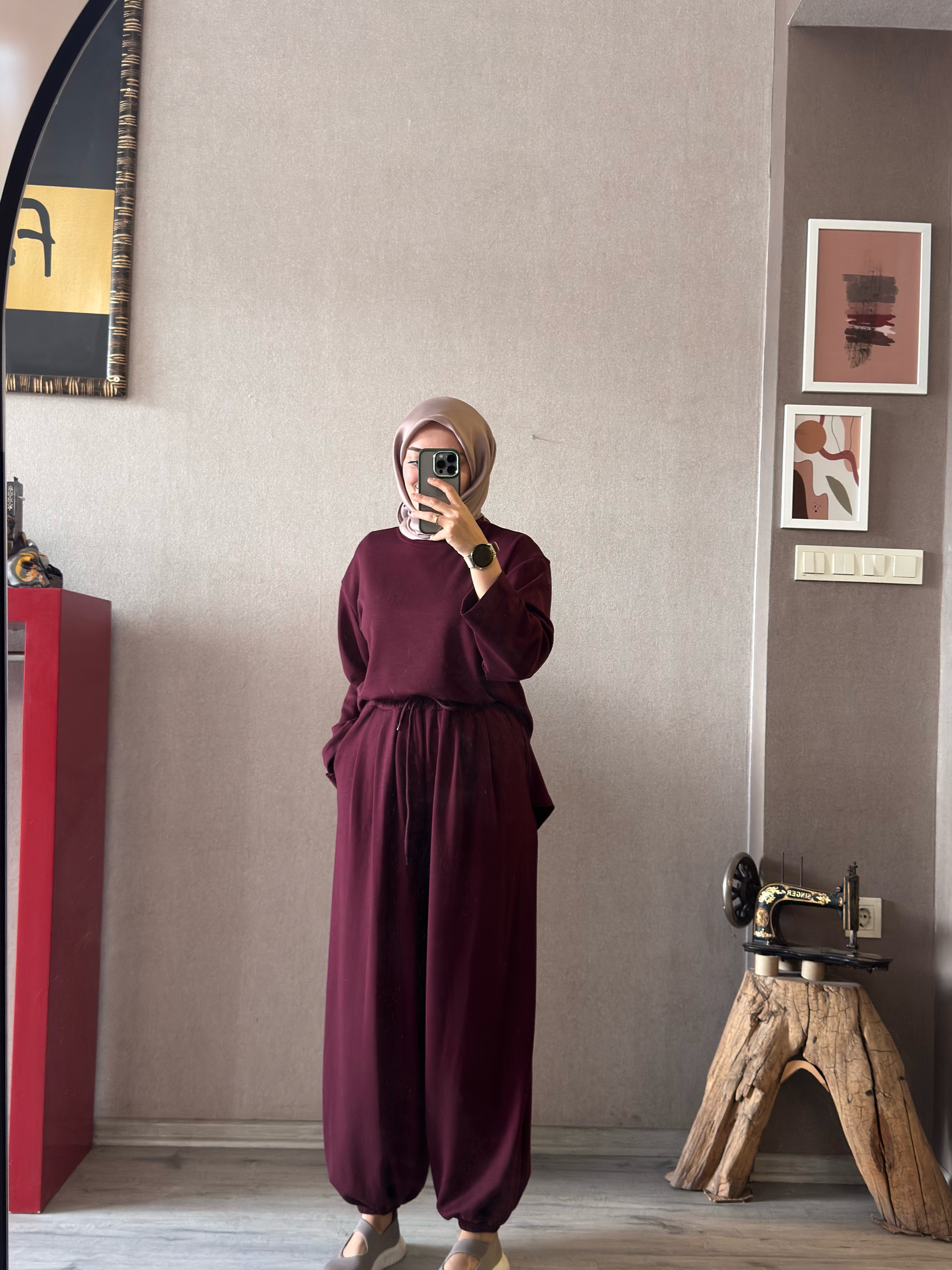 Bordo şalvar pantolonlu oysho takım - 1167