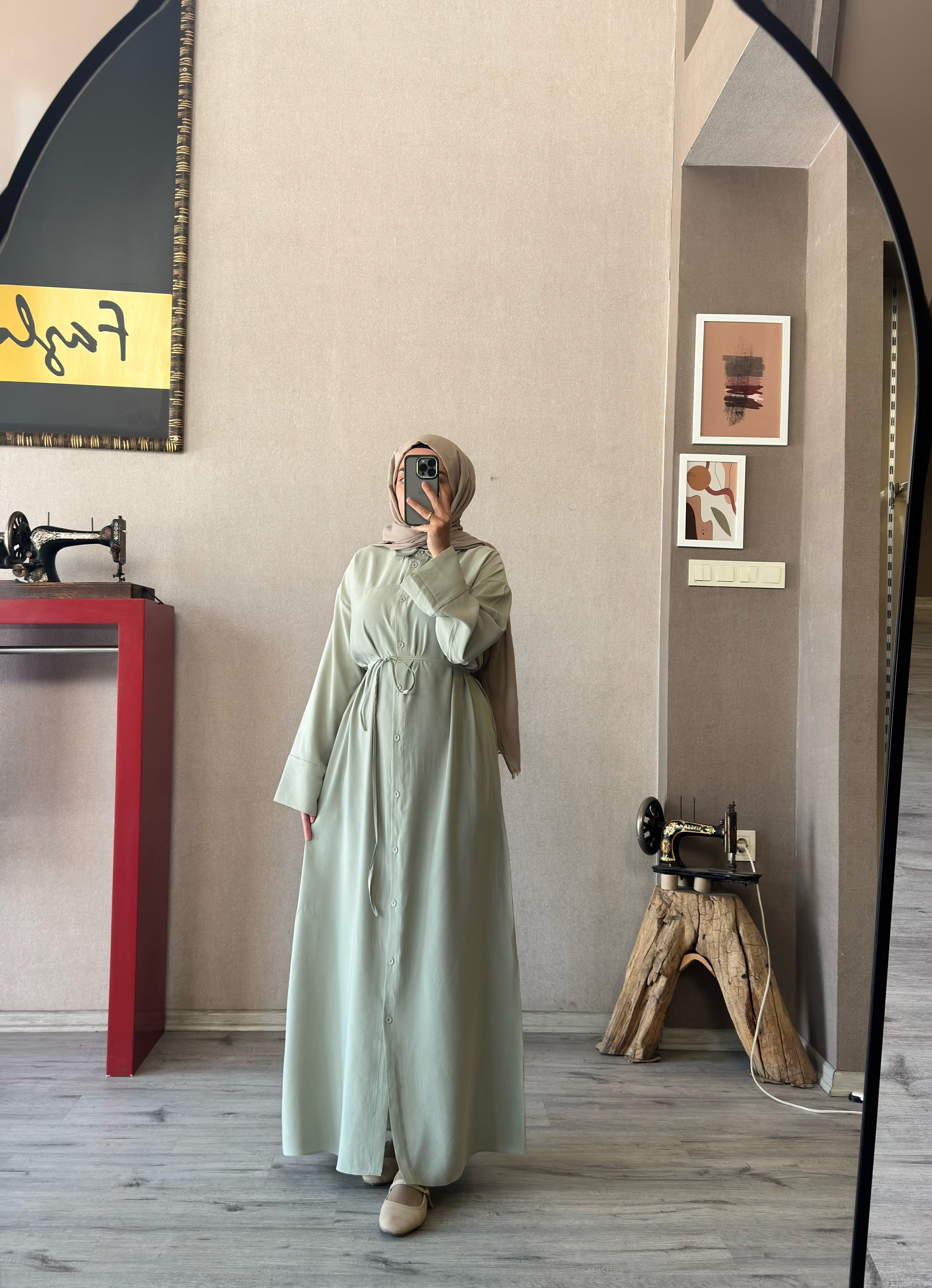 Düğmeli mint yeşili tensel elbise -1104