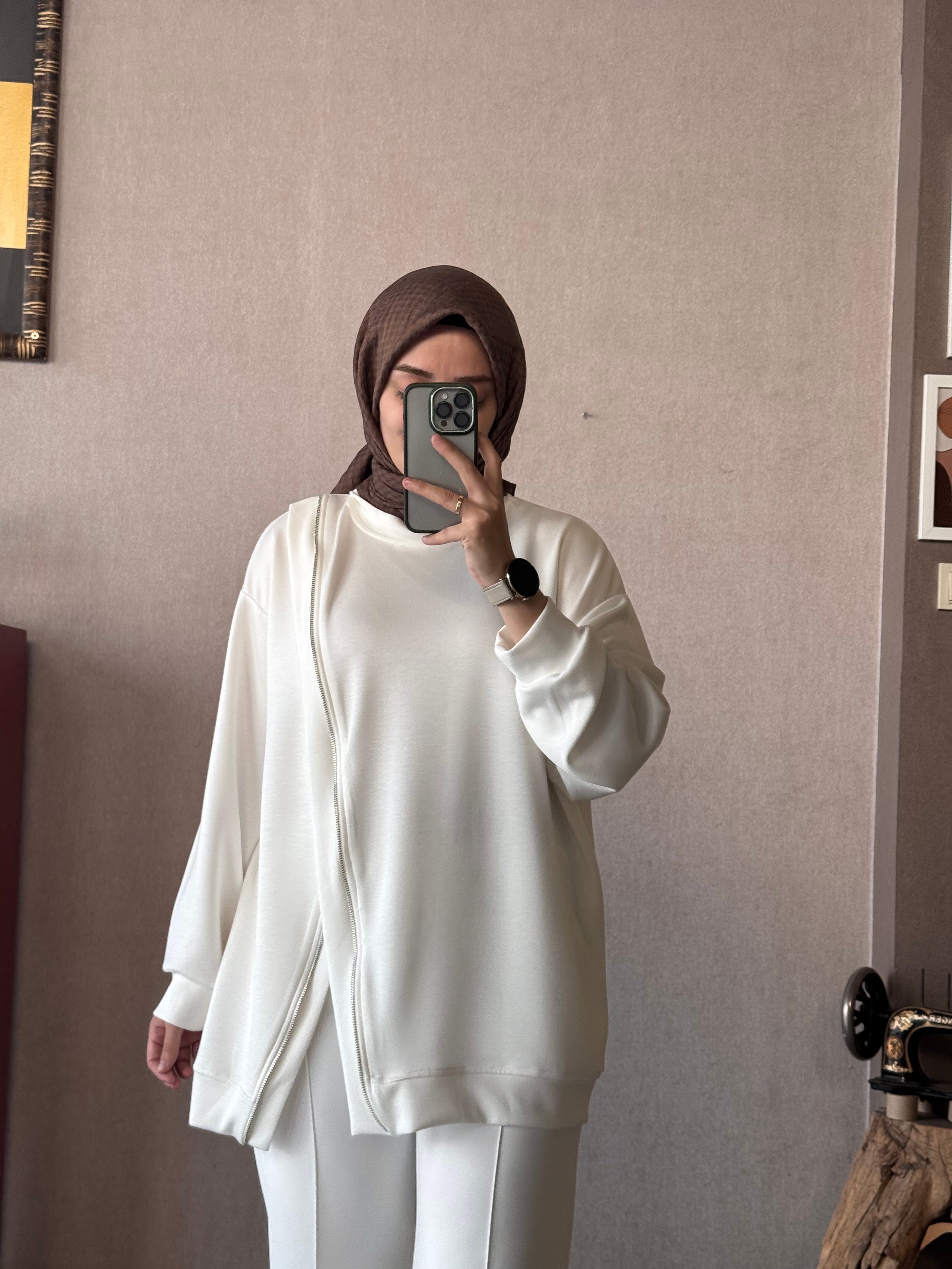 Fermuar detaylı beyaz oysho tunik - 1176