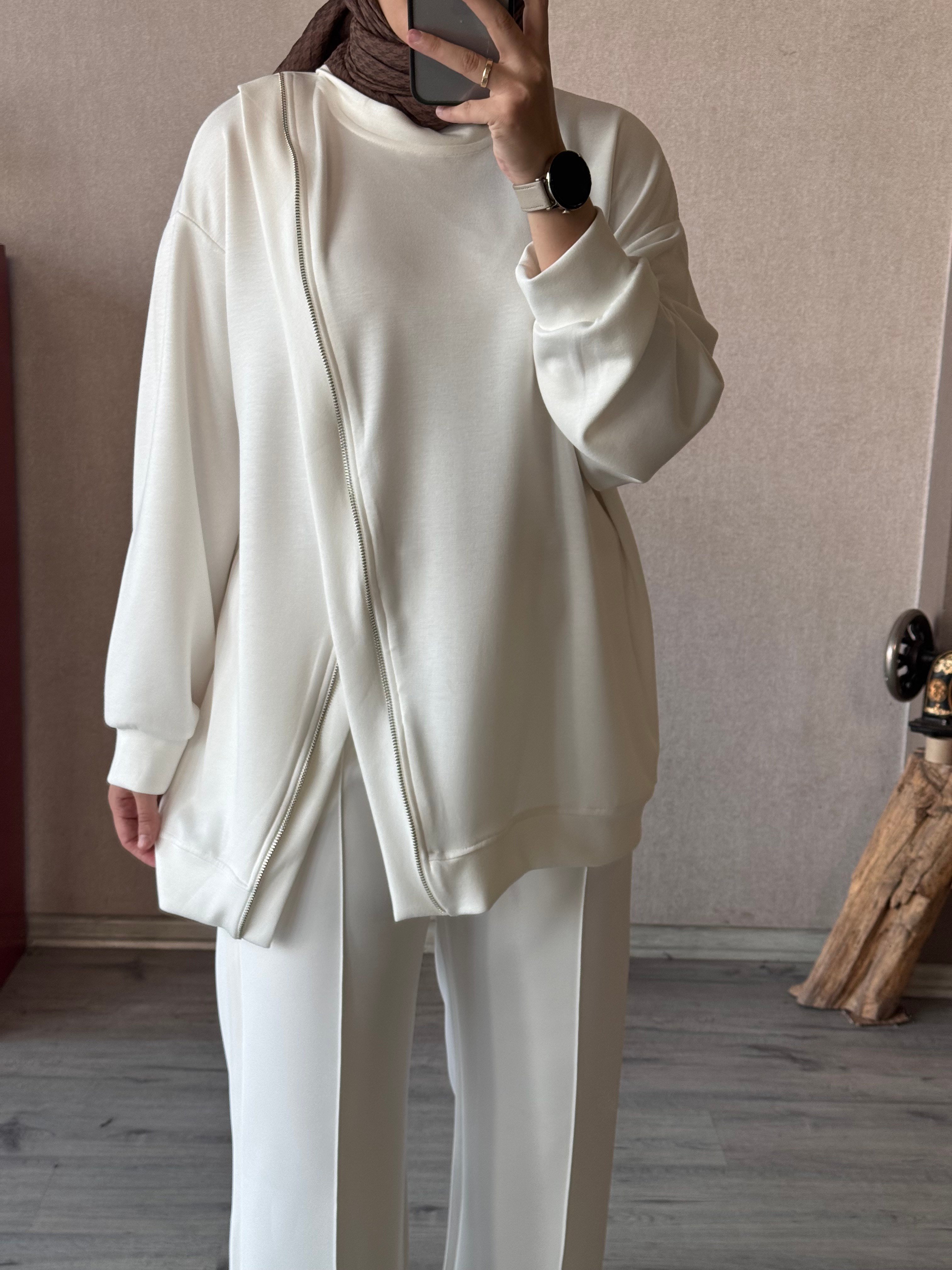 Fermuar detaylı beyaz oysho tunik - 1176