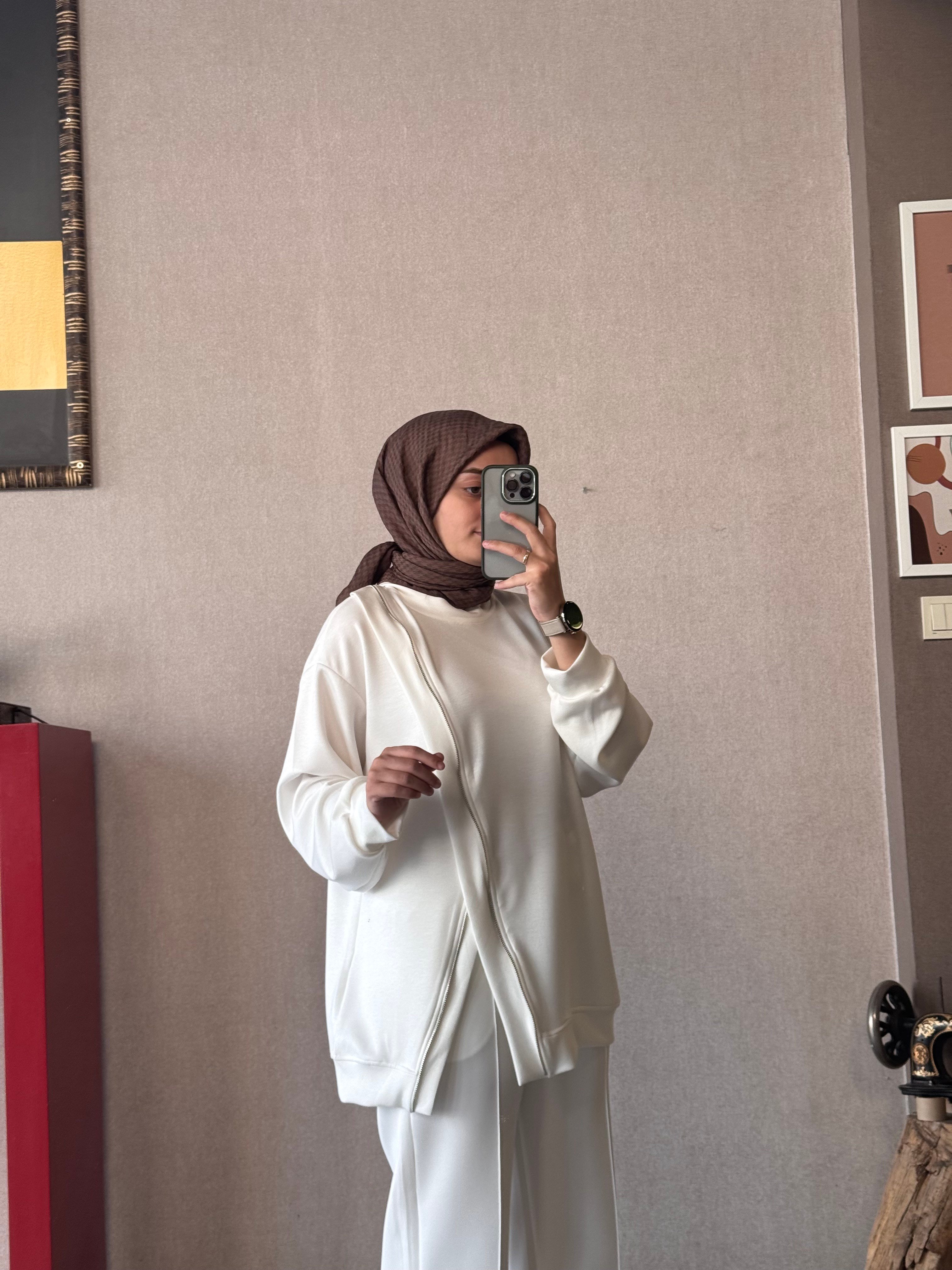 Fermuar detaylı beyaz oysho tunik - 1176