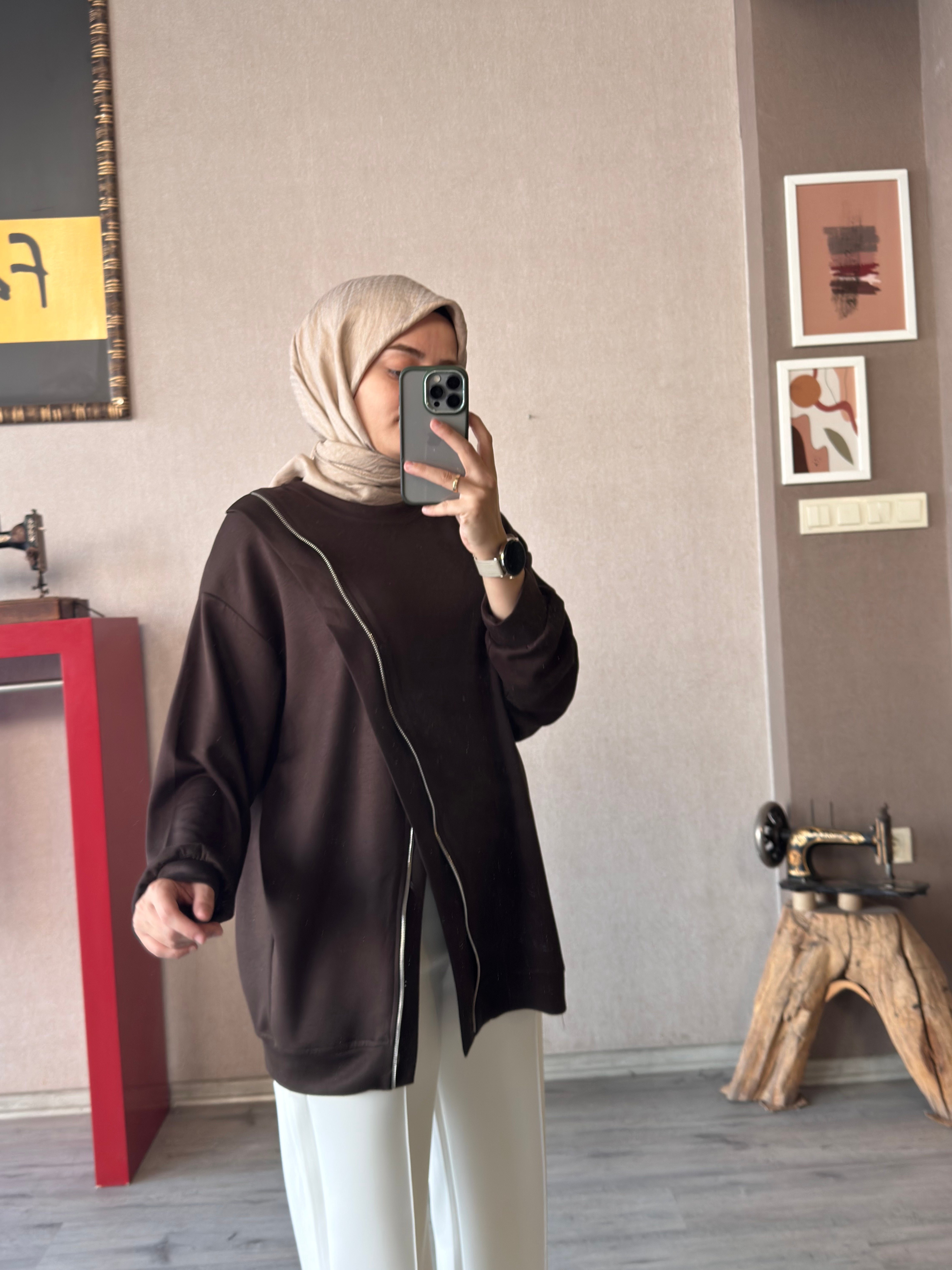 Fermuar detaylı kahve oysho tunik - 1176