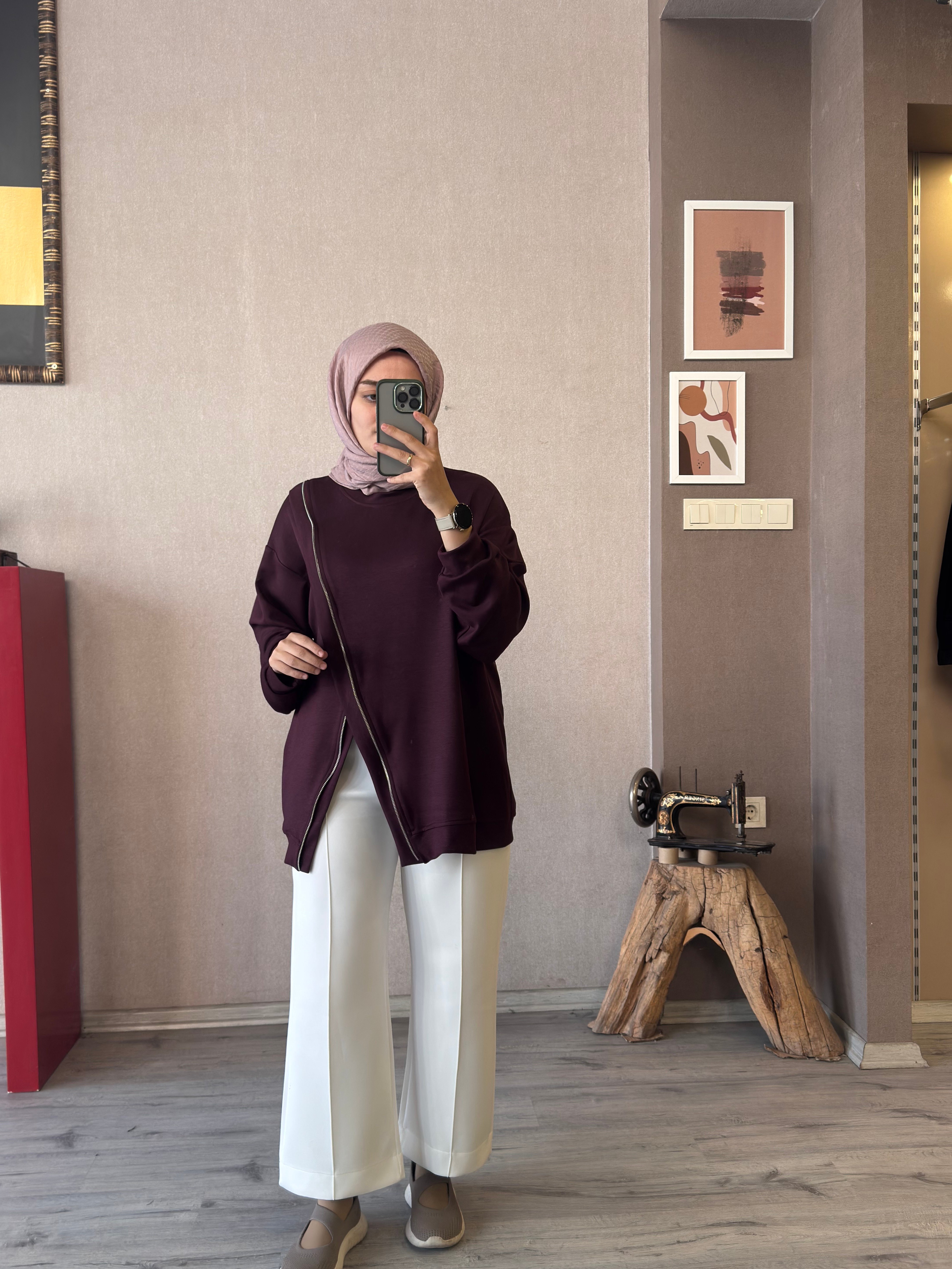 Fermuar detaylı mürdüm oysho tunik - 1176