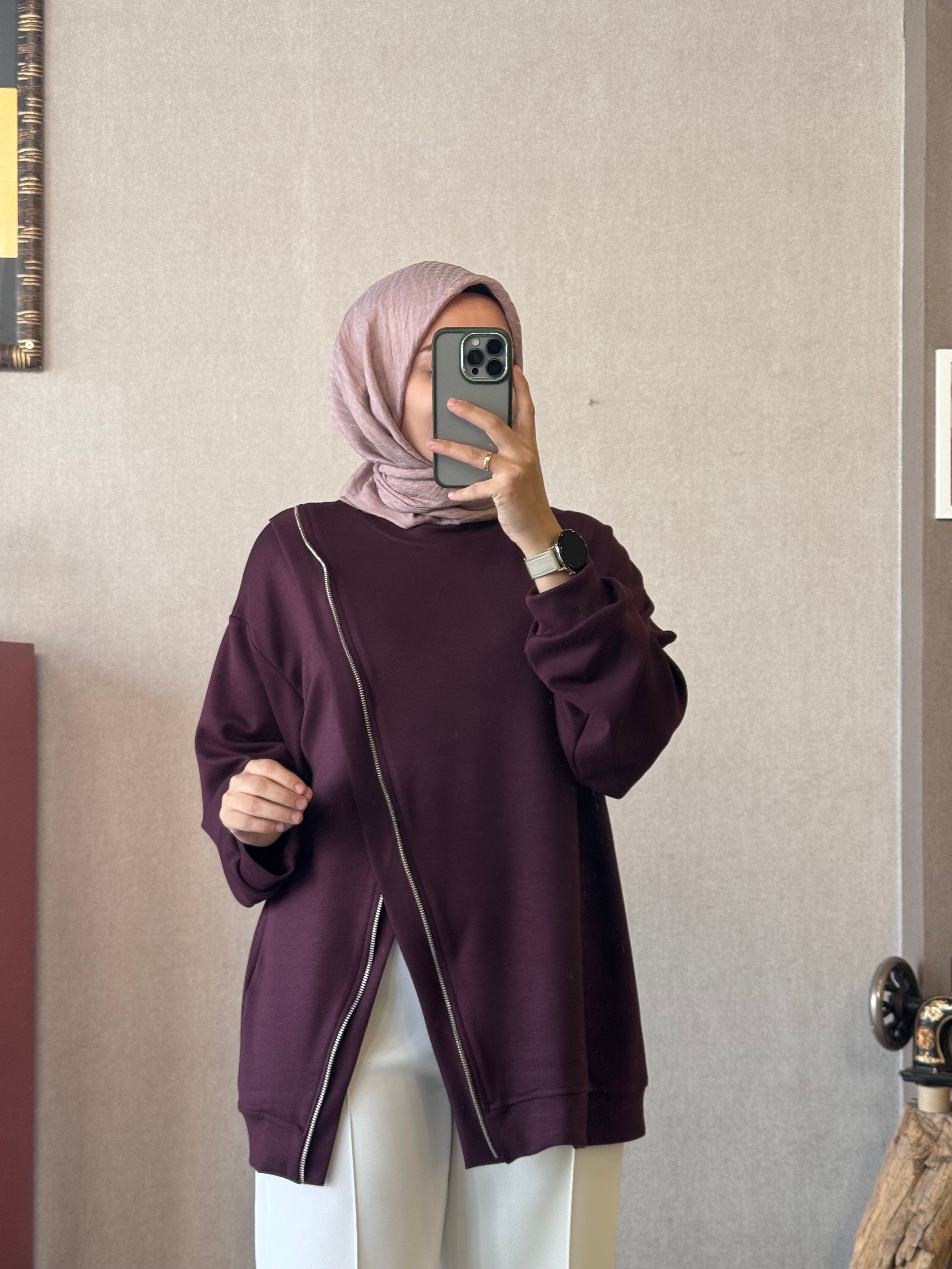 Fermuar detaylı mürdüm oysho tunik - 1176