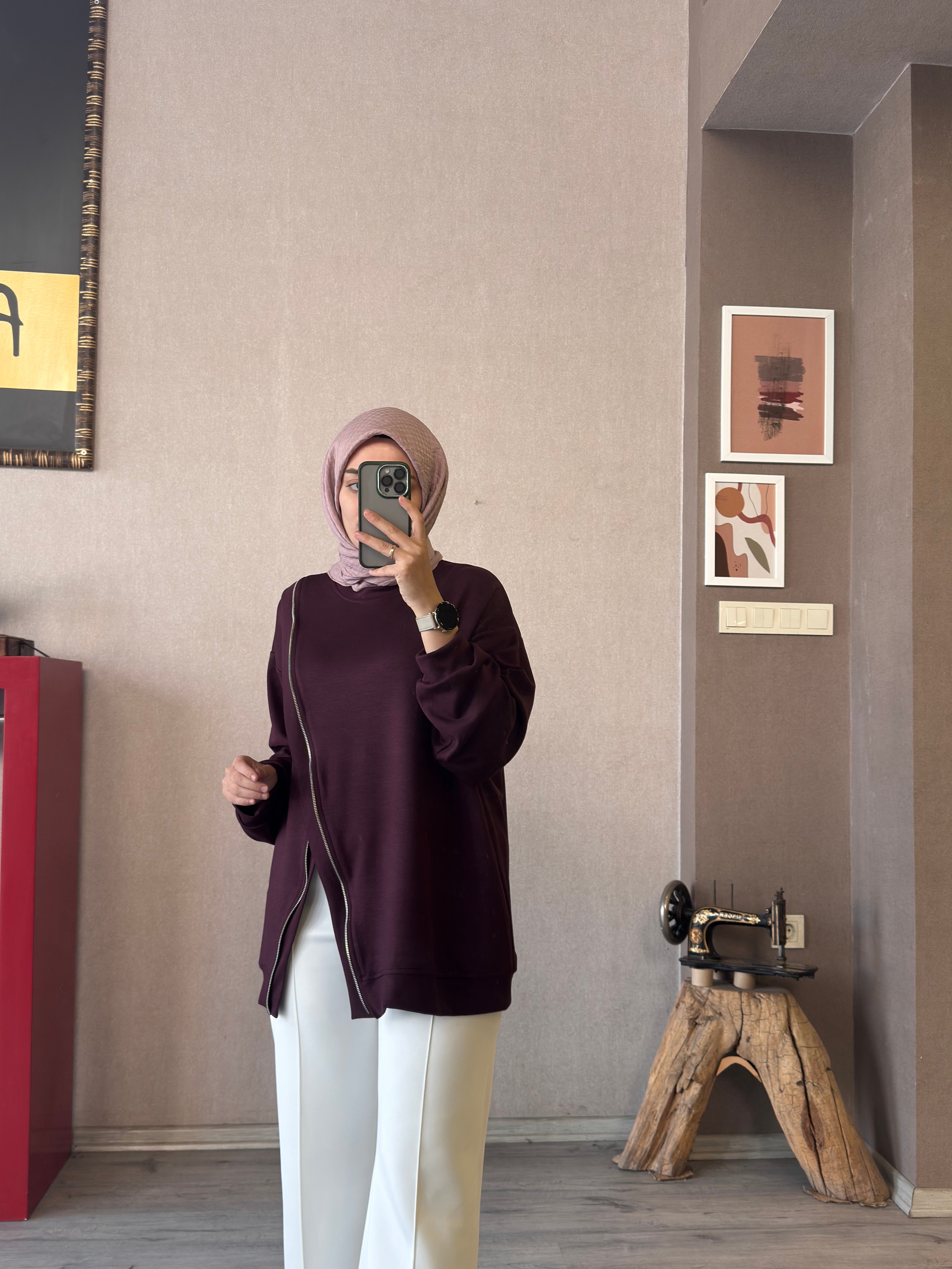 Fermuar detaylı mürdüm oysho tunik - 1176