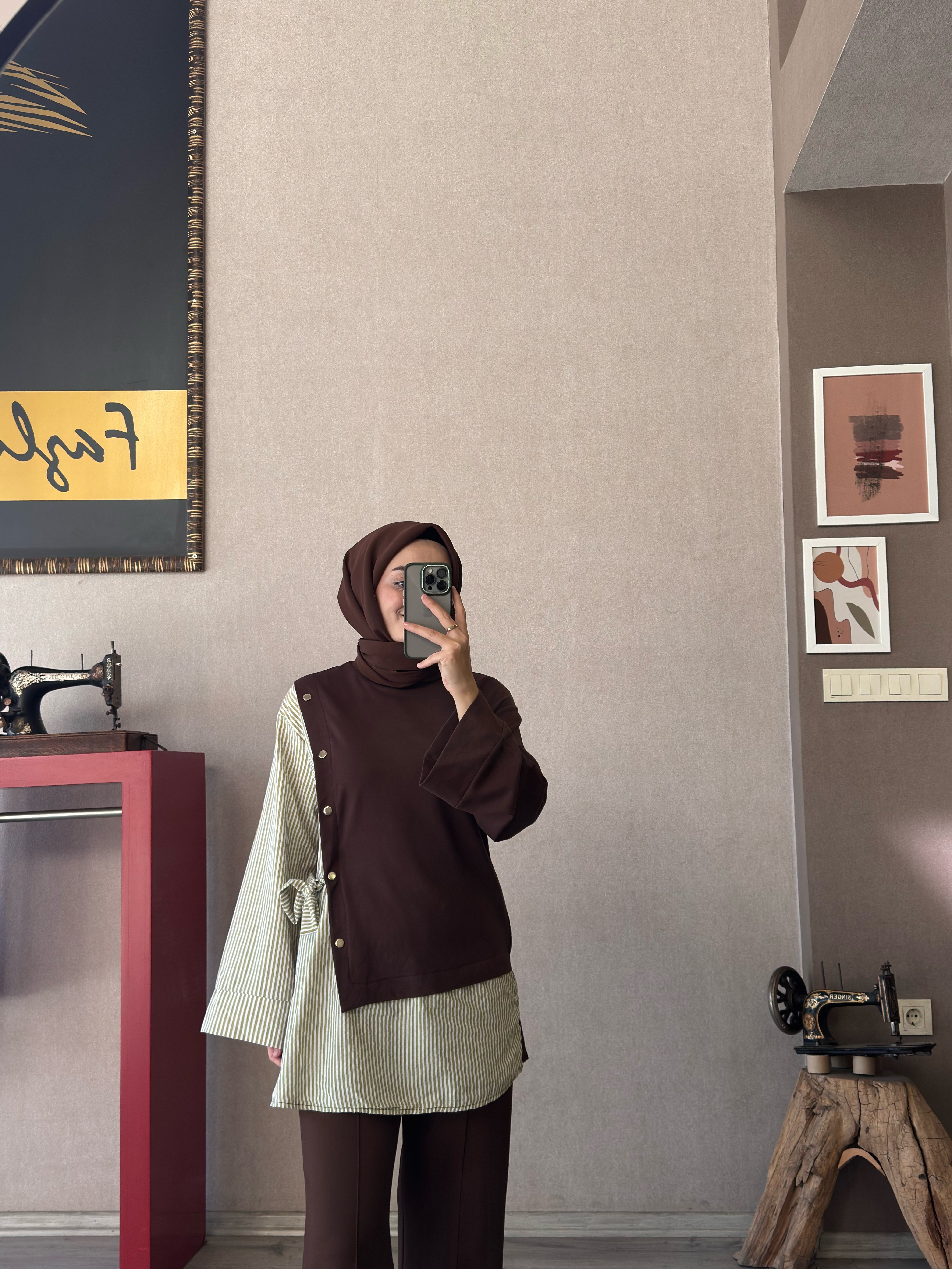 Kahve gömlek detaylı tunik - 1194