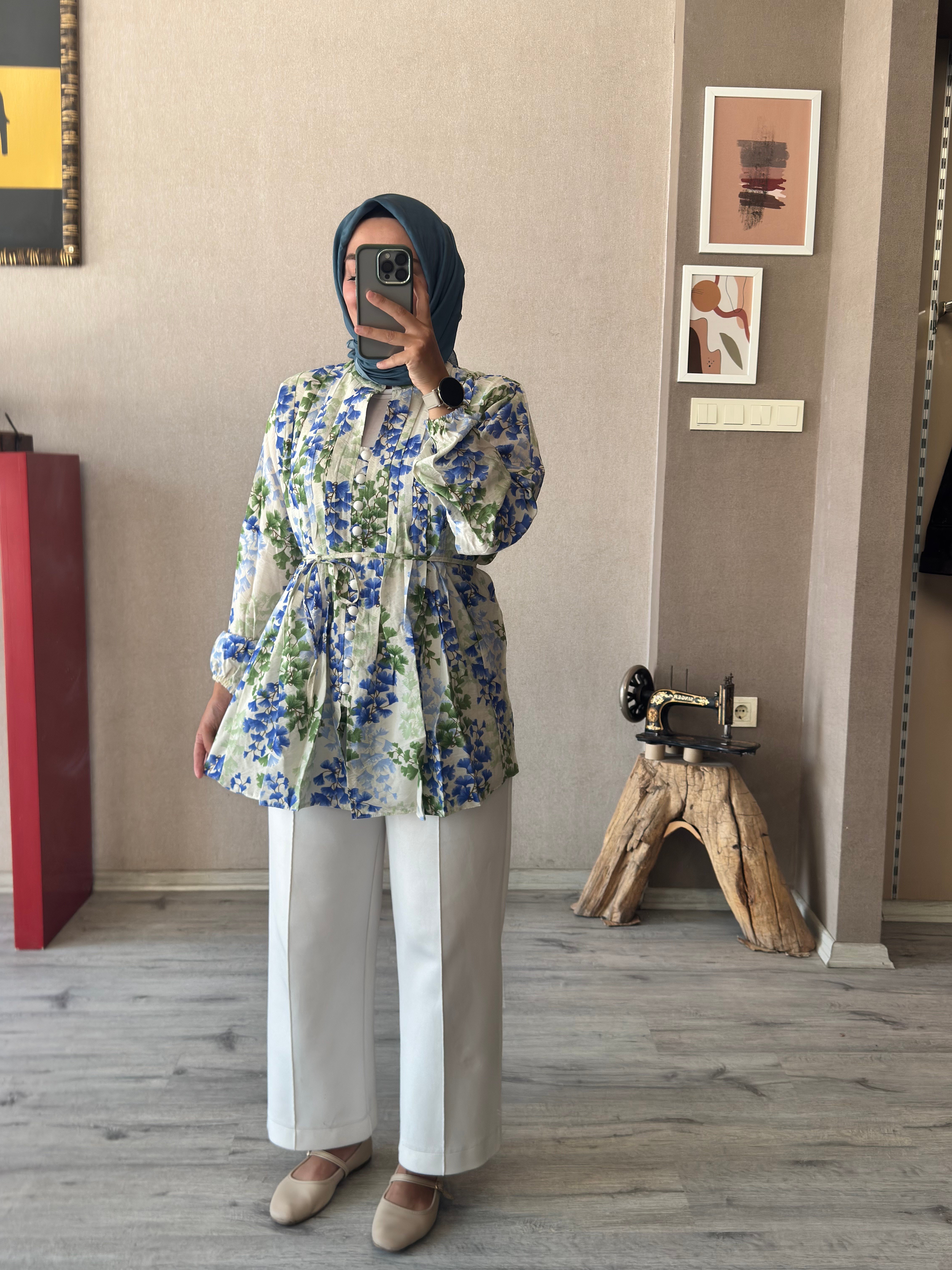 Mavi çiçekli nervüllü tunik - 1148