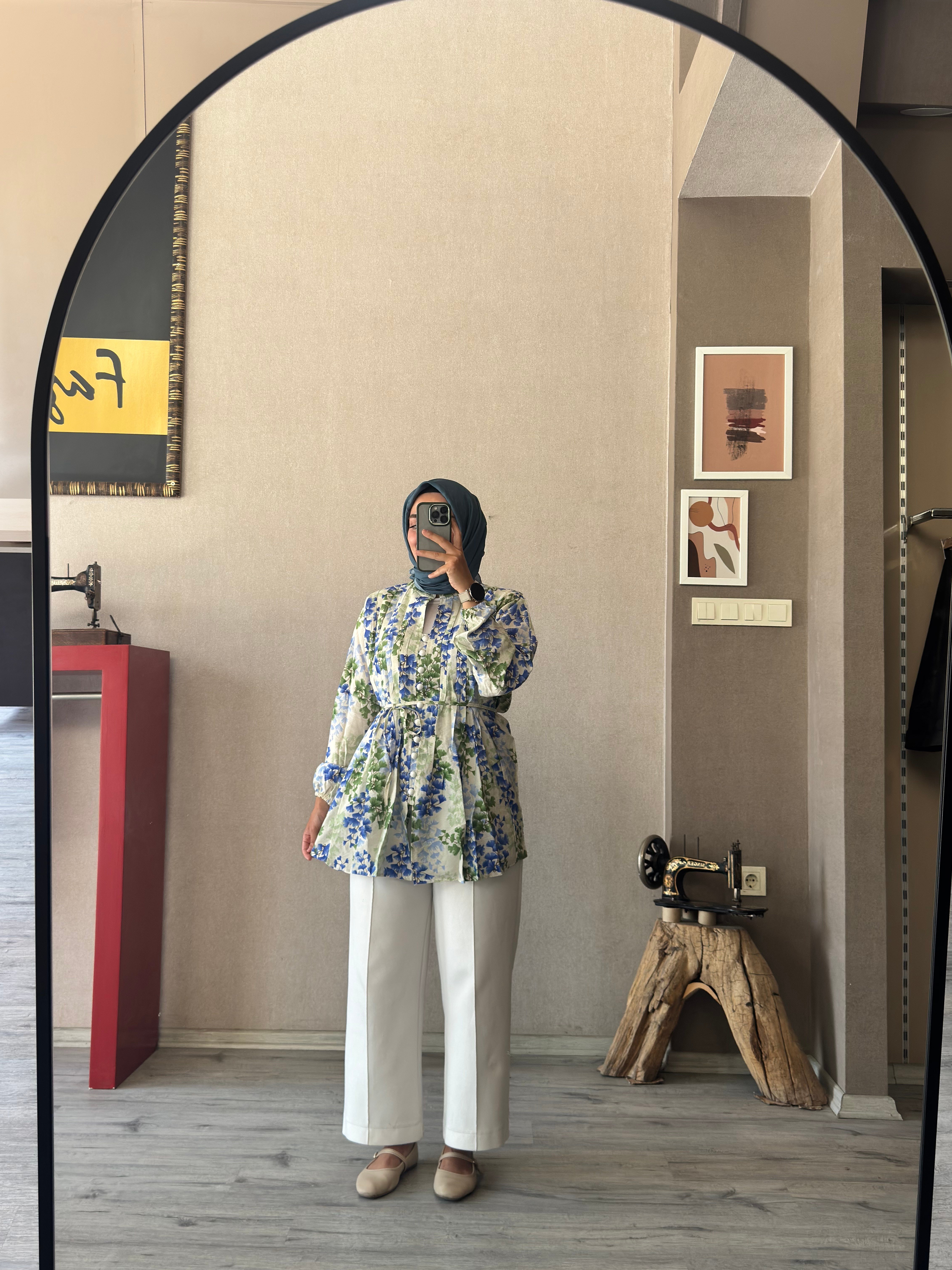 Mavi çiçekli nervüllü tunik - 1148