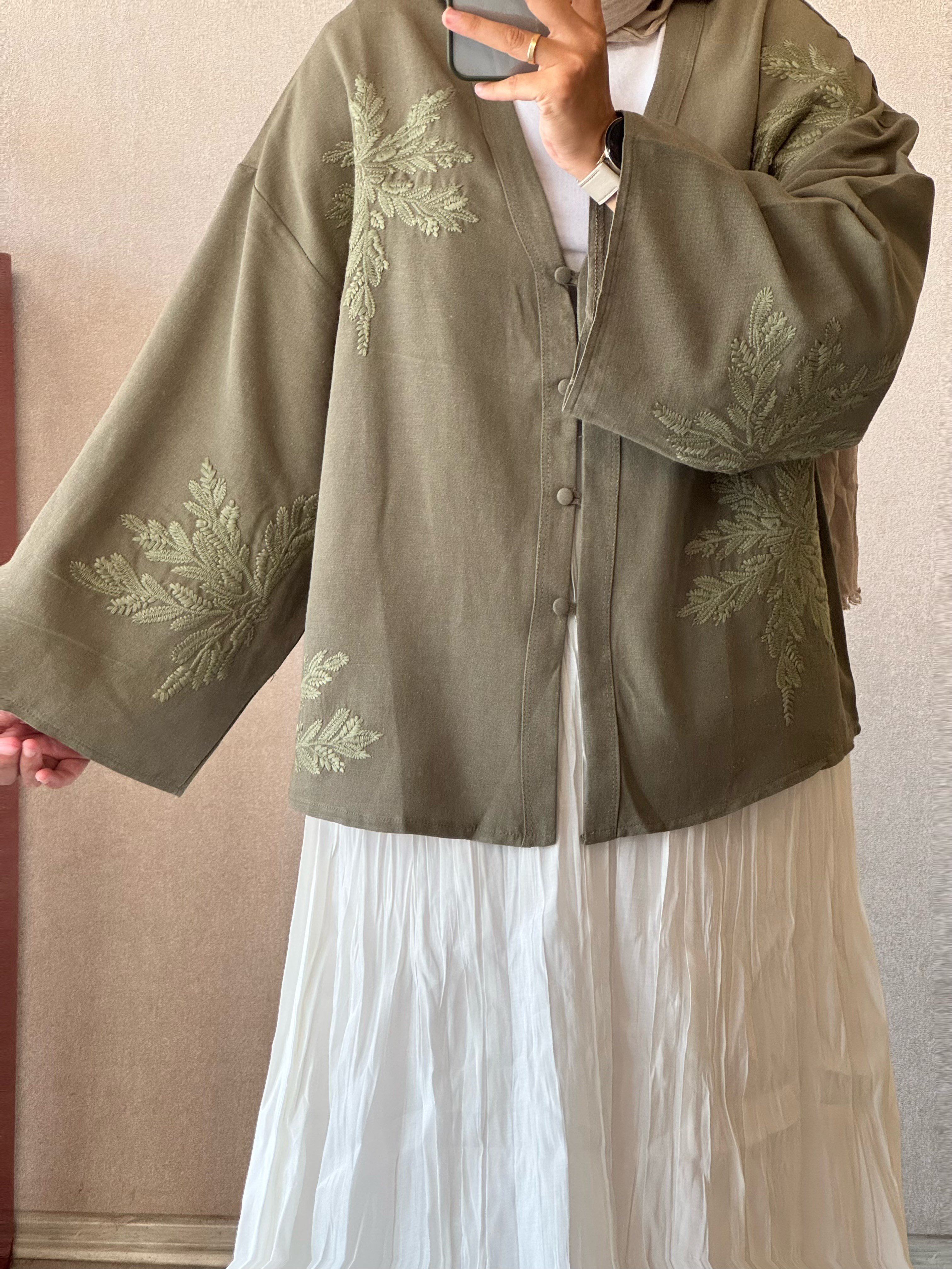 Premium nakış işlemeli haki  kimono - 1142