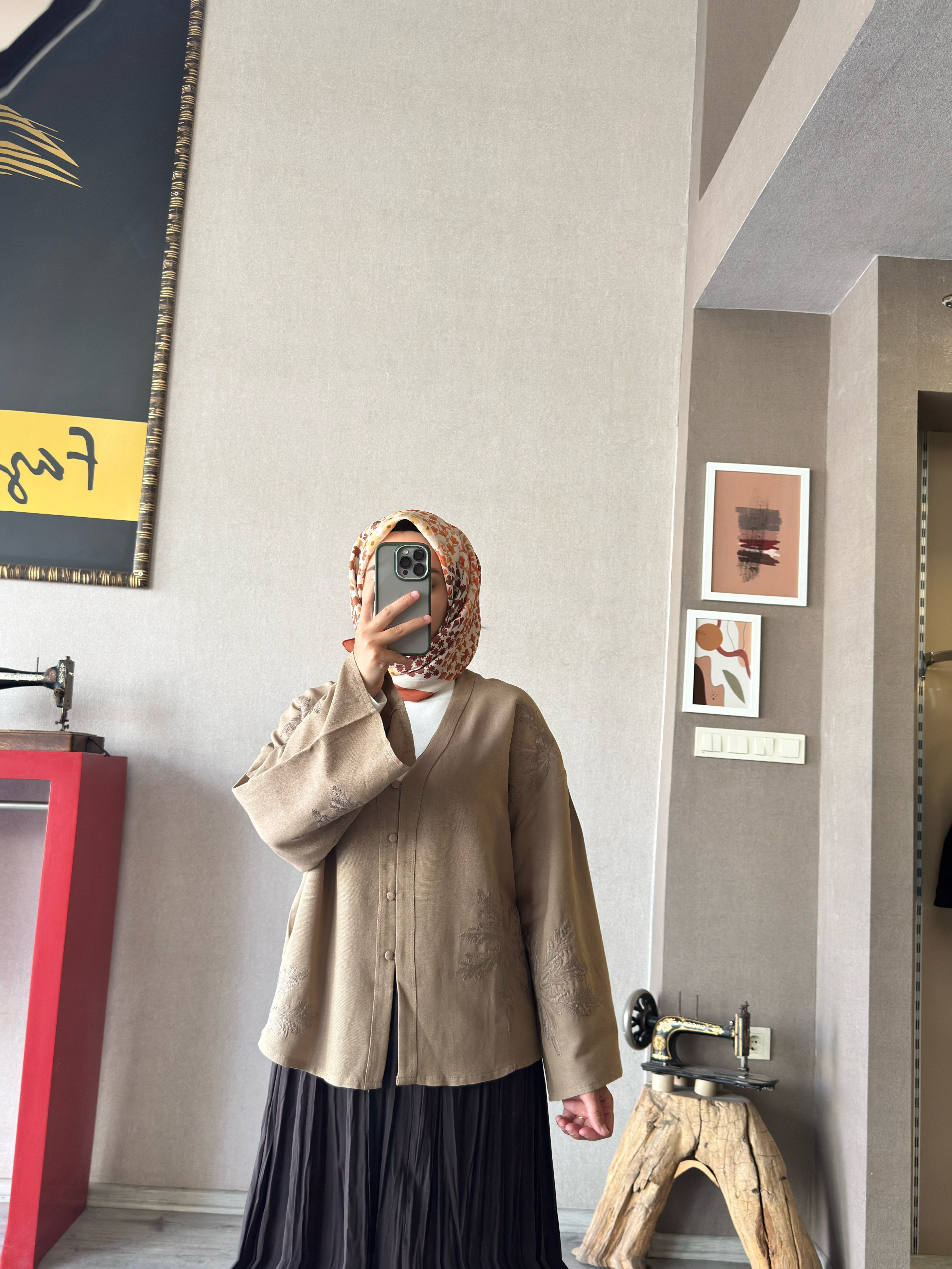 Premium nakış işlemeli haki kimono - 1142
