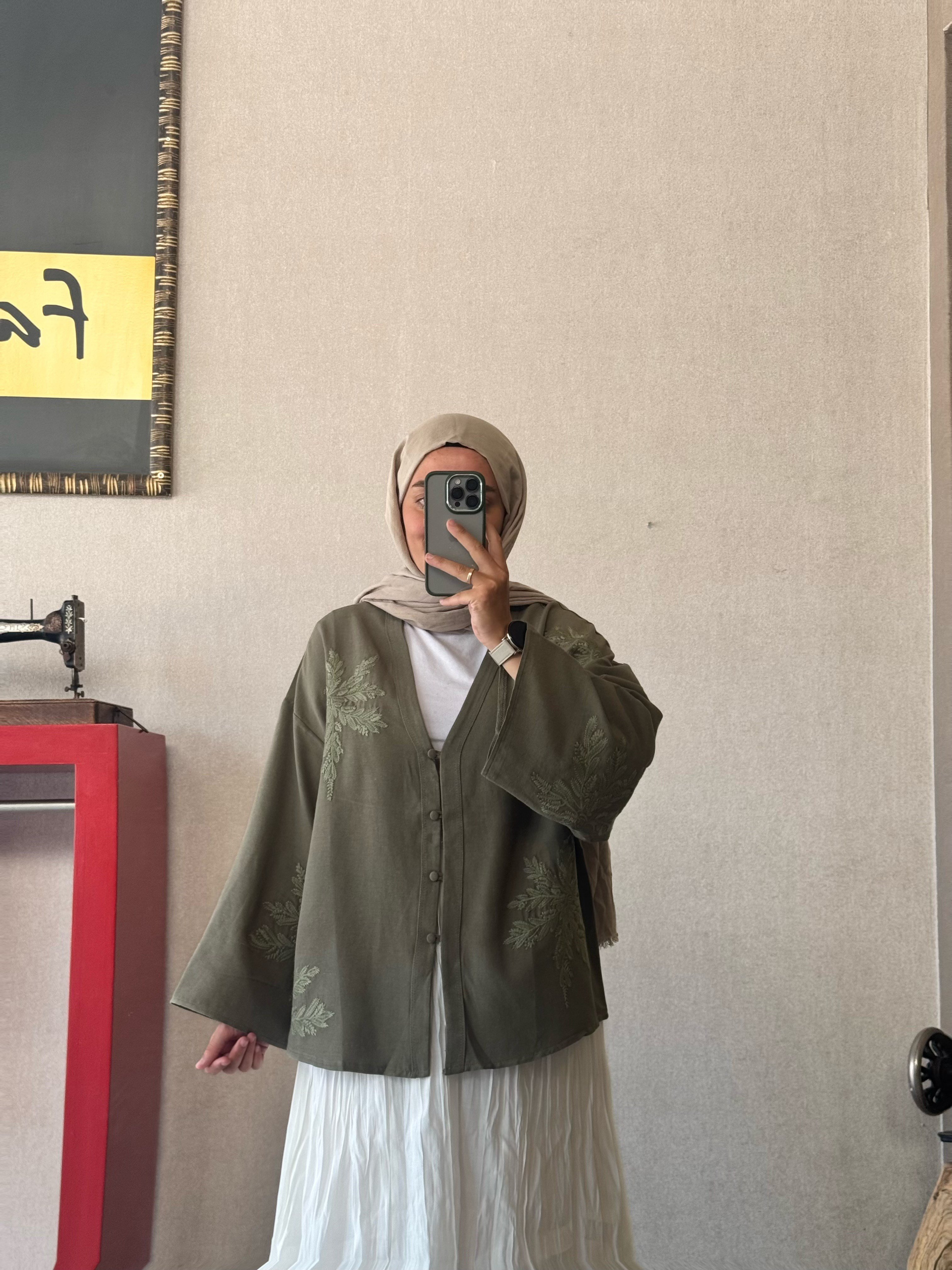 Premium nakış işlemeli haki  kimono - 1142
