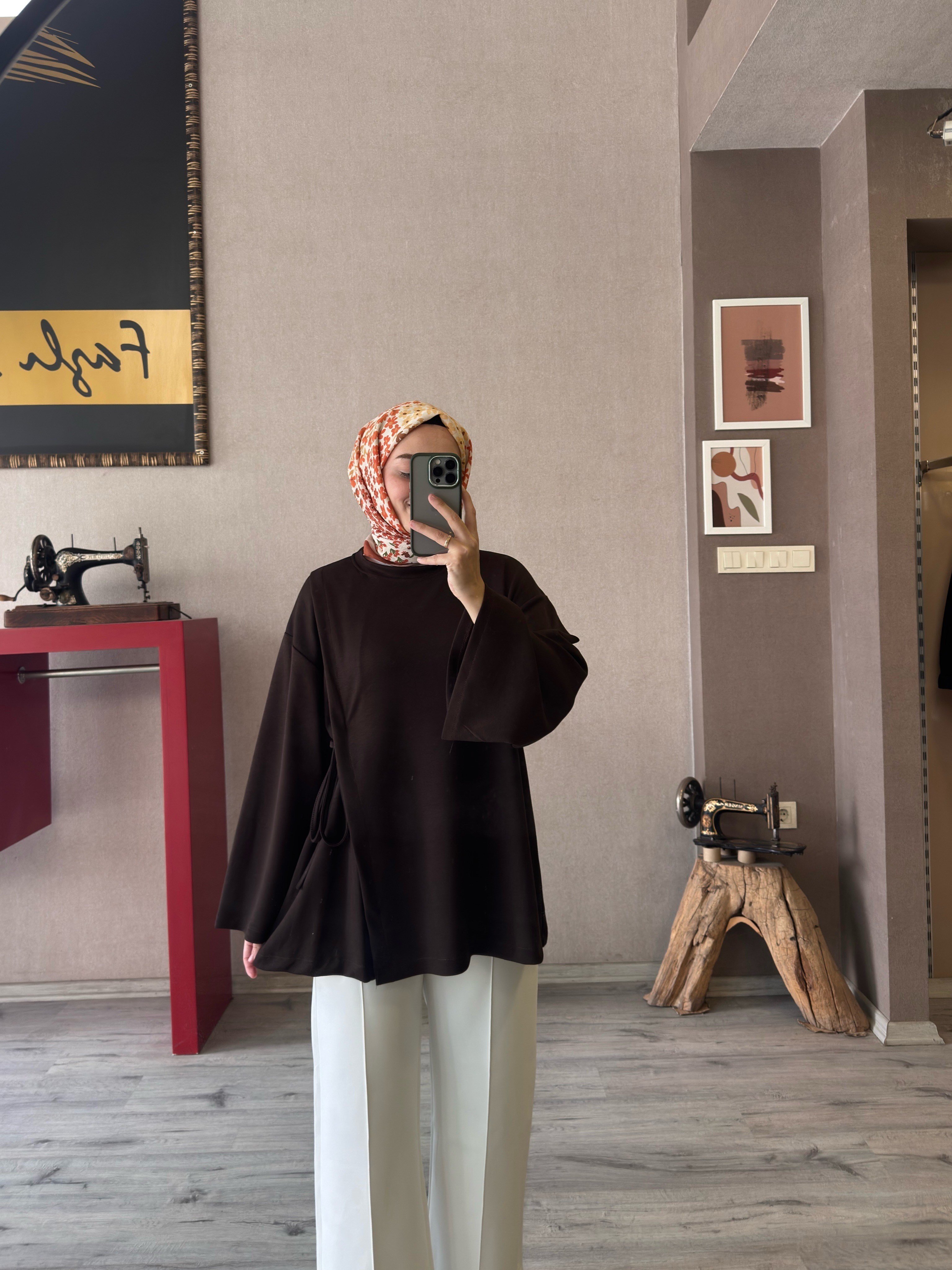 Yandan bağlamalı kahve tunik - 1192