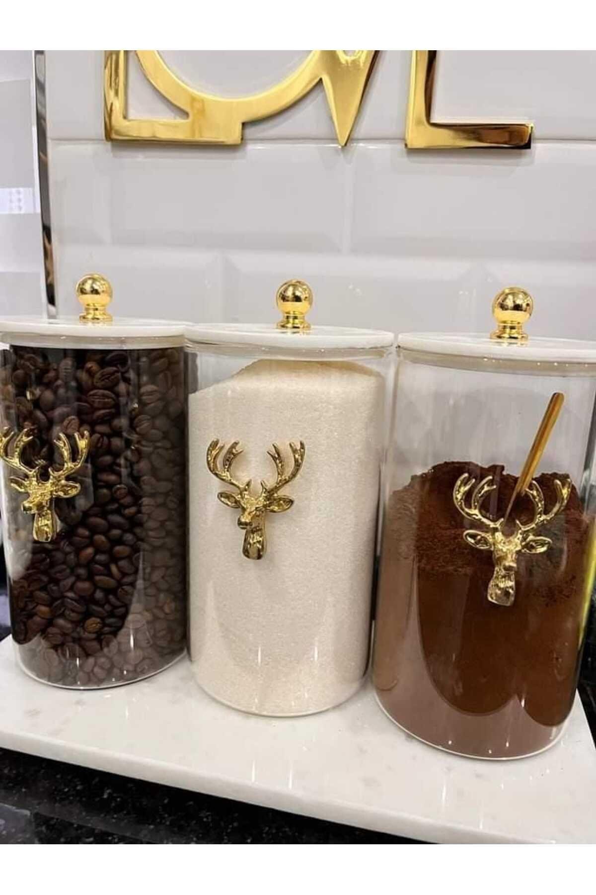 DEER - Mermer Kapaklı Cam Kavanoz | Kavanoz Şekerlik | Mermer Kapaklı Cam Baharatlık |