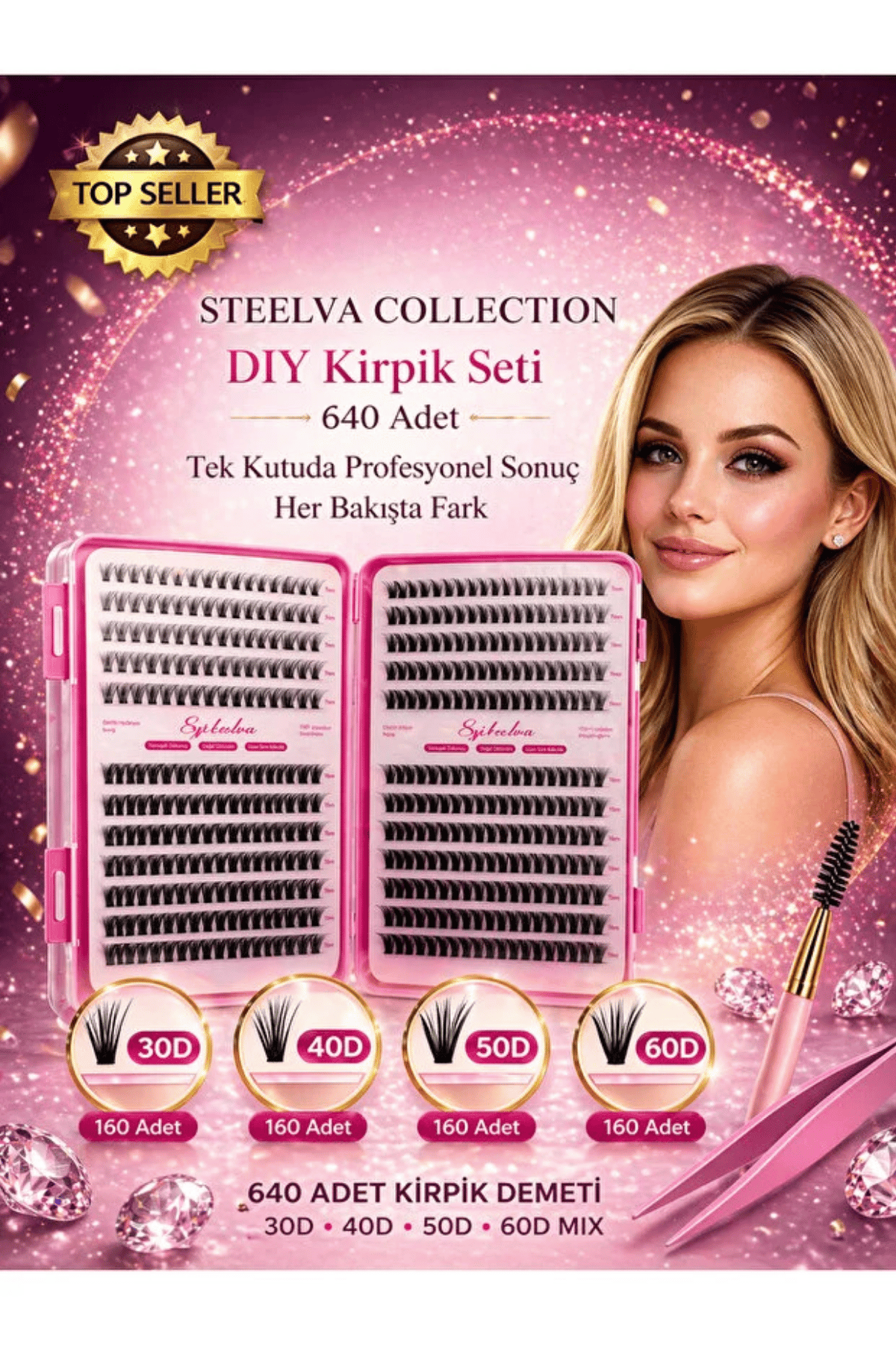 640 Kök Hazır Demet Kirpik Seti | Rus Volüm Lifting Etkisi | Hafif, Batmaz, Extra Yumuşak-Cımbız,Fırça ve Yapiştırıcı İçindedir.