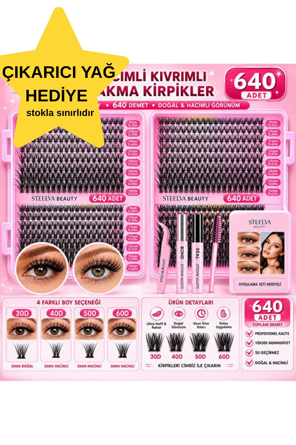 640 Kök Hazır Demet Kirpik Seti | Rus Volüm Lifting Etkisi | Hafif, Batmaz, Extra Yumuşak-Cımbız,Fırça ve Yapiştırıcı İçindedir.