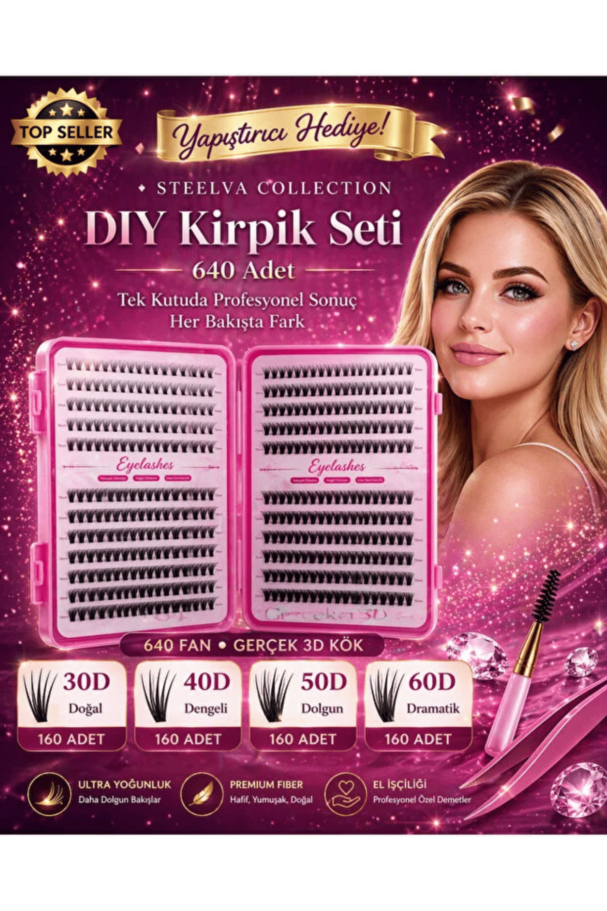 640 Kök Hazır Demet Kirpik Seti | Rus Volüm Lifting Etkisi | Hafif, Batmaz, Extra Yumuşak-Cımbız,Fırça ve Yapiştırıcı İçindedir.