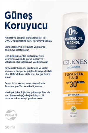 Celenes by Sweden Herbal SPF30 Fluid Dry Touch Güneş Kremi – Mat Bitişli, Bitkisel Formül, Yüz ve Dekolte Bölgesi İçin, 50 ml