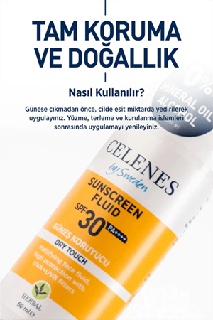 Celenes by Sweden Herbal SPF30 Fluid Dry Touch Güneş Kremi – Mat Bitişli, Bitkisel Formül, Yüz ve Dekolte Bölgesi İçin, 50 ml