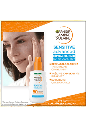 Garnier Ambre Solaire Hipoalerjenik Güneş Spreyi SPF 50+ – 150 ml | Hassas Ciltler İçin Yüksek Koruma, Parfümsüz, Suya Dayanıklı