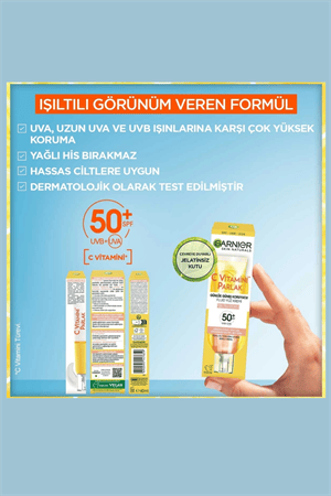 Garnier C Vitamini Parlak Güneş Koruyucu Yüz Kremi SPF50+ – Işıltılı Günlük Fluid Doku, 40 ml