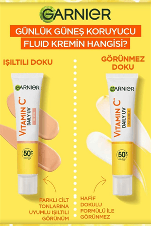 Garnier C Vitamini Parlak Güneş Koruyucu Yüz Kremi SPF50+ – Işıltılı Günlük Fluid Doku, 40 ml