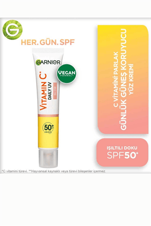 Garnier C Vitamini Parlak Güneş Koruyucu Yüz Kremi SPF50+ – Işıltılı Günlük Fluid Doku, 40 ml