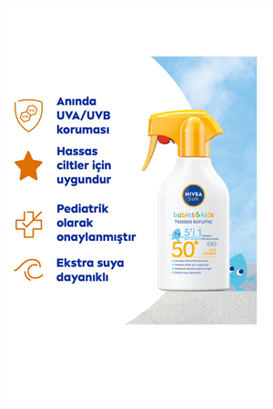 Nivea Sun Bebek & Çocuk Güneş Spreyi SPF 50 – 270 ml | Hassas Ciltler İçin Yüksek Koruma | Suya Dayanıklı Güneş Koruyucu