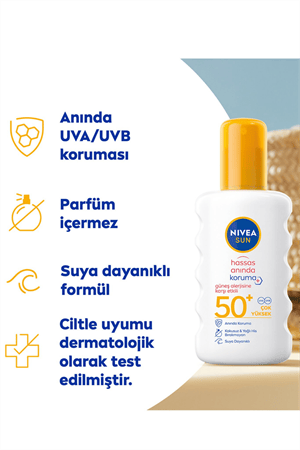 Nivea Sun Güneş Alerjisine Karşı Güneş Spreyi SPF 50+ – 200 ml | Hassas Ciltler İçin Yüksek Koruma | Suya Dayanıklı, Parfümsüz