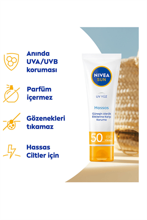 Nivea Sun Hassas Yüz Güneş Kremi SPF50 – Güneş Alerjisine Karşı Koruyucu, Hassas Ciltlere Özel, 50 ml