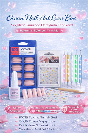 Ocean Nail Art Love Box Sevgililer Günü Tırnak Tasarım Seti – Takma Tırnak, Nail Art & Yapıştırıcı (5'li Set)