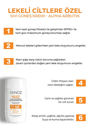 Sinoz SPF 50+ Lekeli Ciltlere Özel Sıvı Güneş Kremi – Leke Karşıtı, Hafif Yapı, Yüksek Koruma, 50 ml