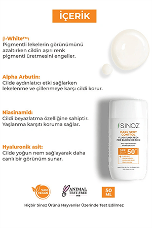Sinoz SPF 50+ Lekeli Ciltlere Özel Sıvı Güneş Kremi – Leke Karşıtı, Hafif Yapı, Yüksek Koruma, 50 ml