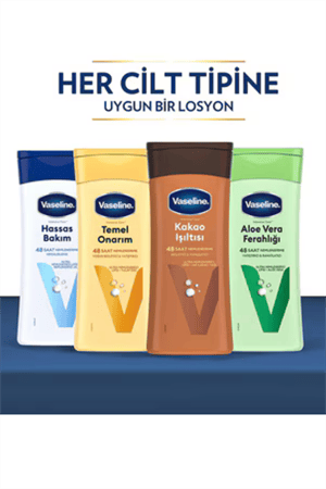 Vaseline Vücut Losyonu 4'lü Set – 4 x 200 ml | Aloe Vera, Kakao, Hassas Bakım, Temel Onarım | Tüm Cilt Tipleri İçin Nemlendirici Set