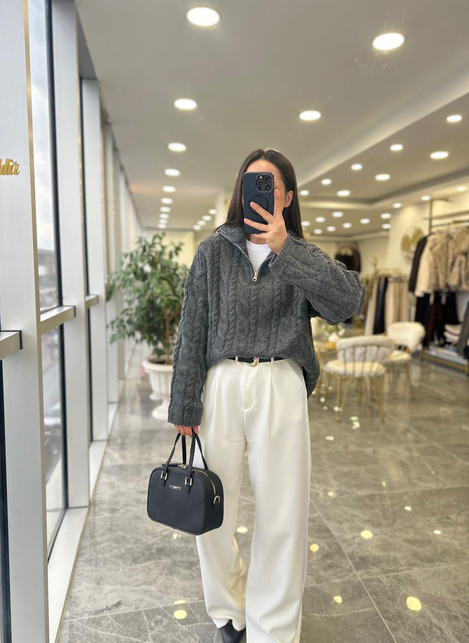 KAZAKModa MTGRİFRMRLKZK100Gri Fermuarlı Premium Kazak