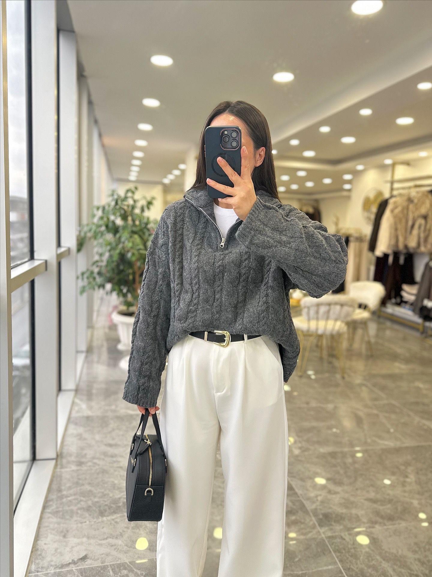 KAZAKModa MTGRİFRMRLKZK100Gri Fermuarlı Premium Kazak