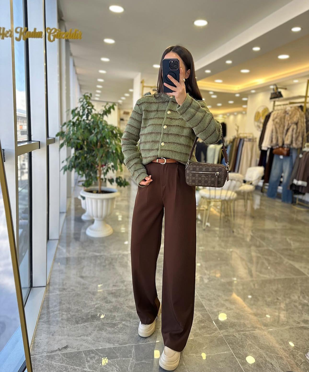 HIRKAModa MTYŞLKHVÇZGLHRK300Yeşil Kahve Çizgili Hırka