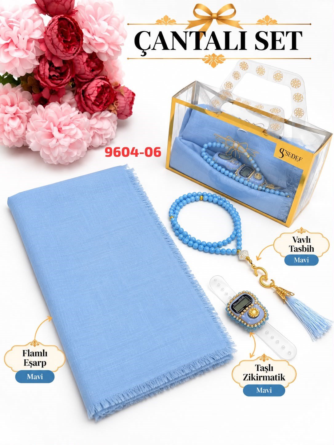 Eşarp Tesbih Taşlı Zikirmatik Çantalı Set