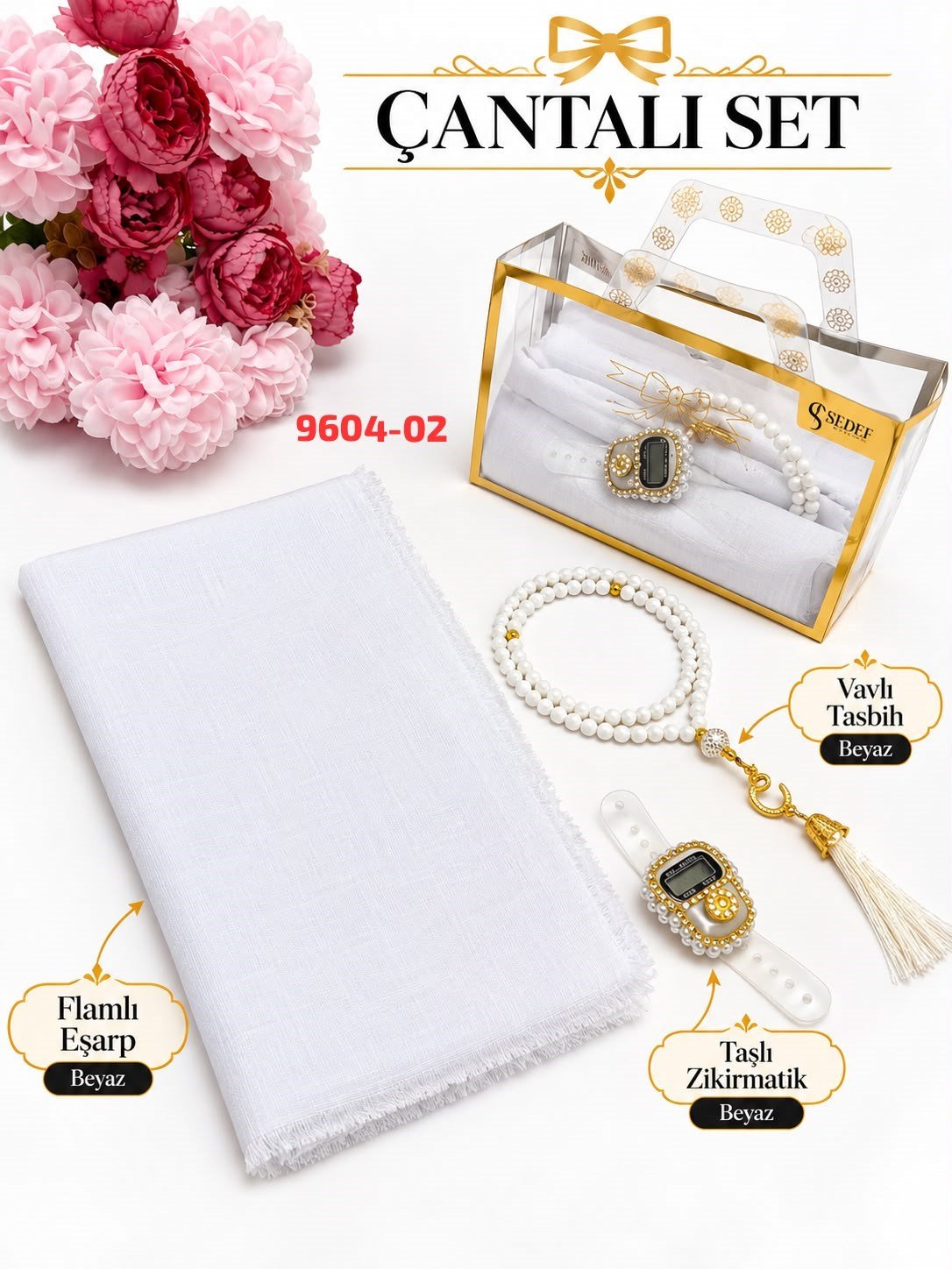 Eşarp Tesbih Taşlı Zikirmatik Çantalı Set