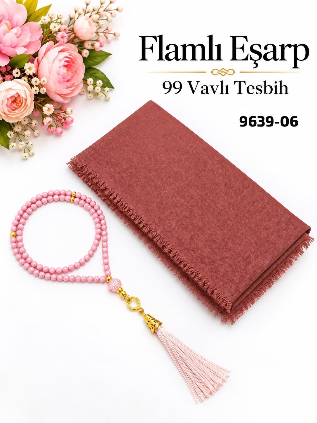 Flamlı Eşarp Vavlı Tesbih Set