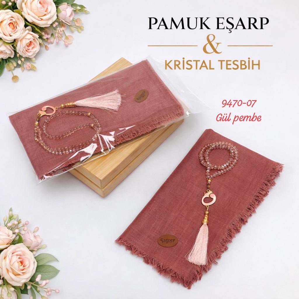 Pamuk Eşarp Kristal Tesbih Set
