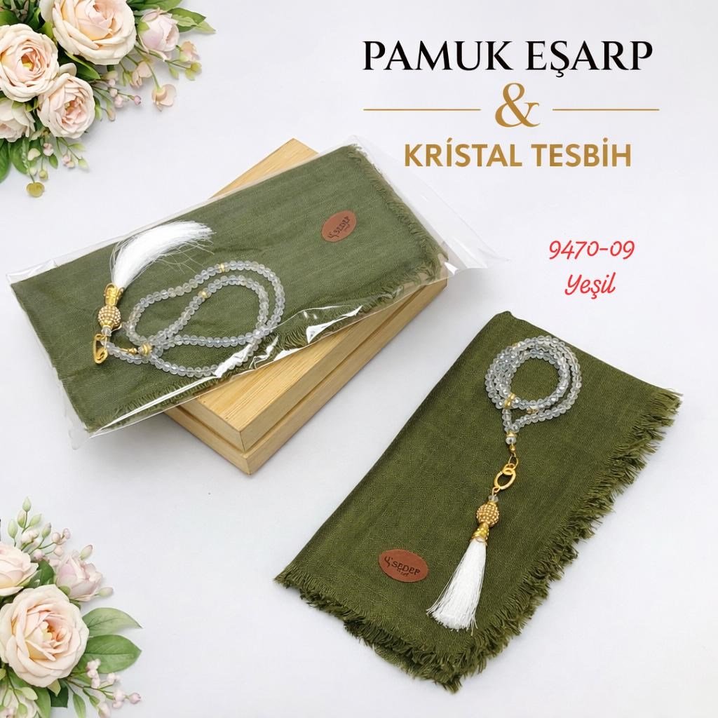 Pamuk Eşarp Kristal Tesbih Set