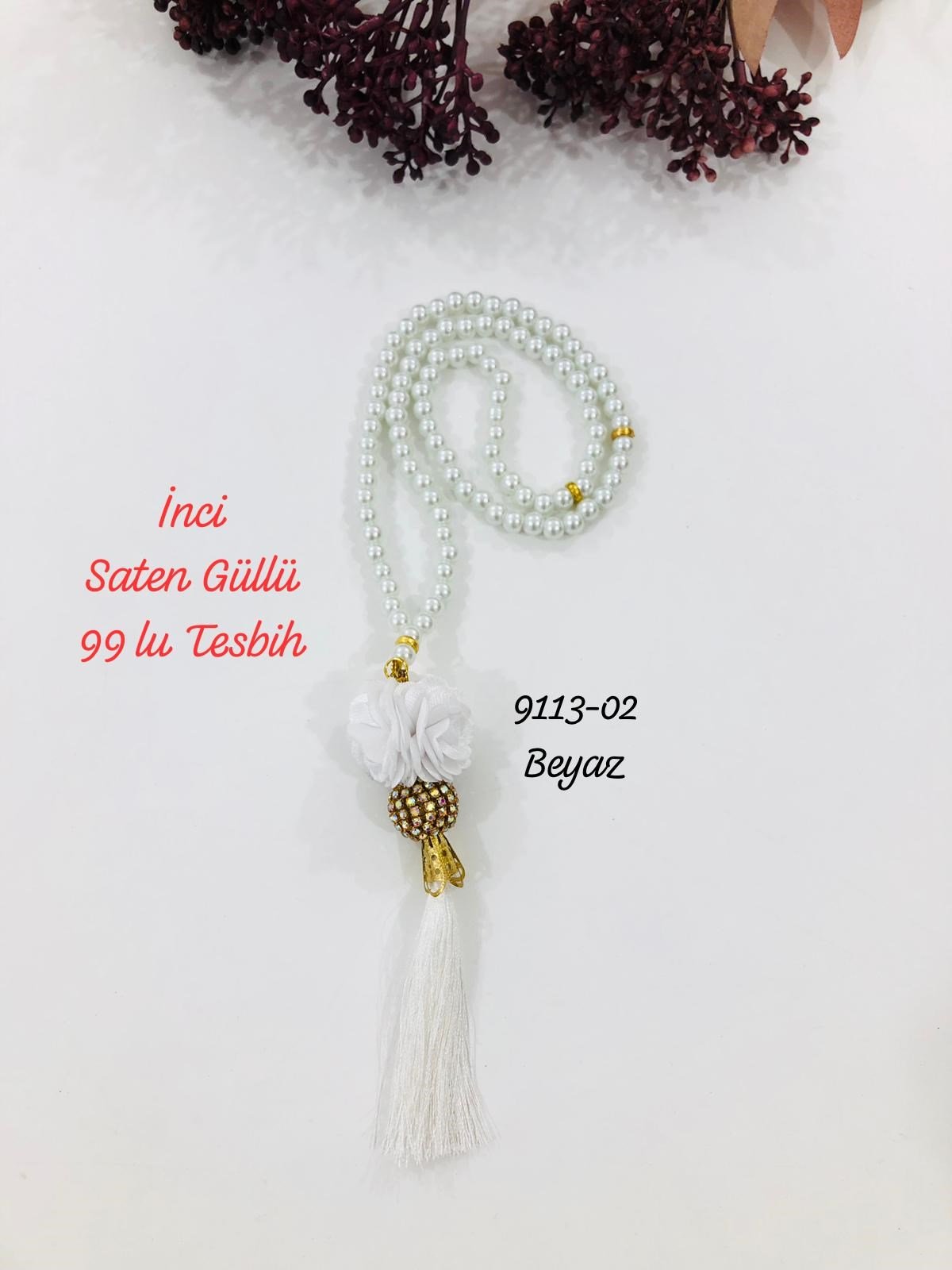 9113 Tesbih İnci Saten Güllü