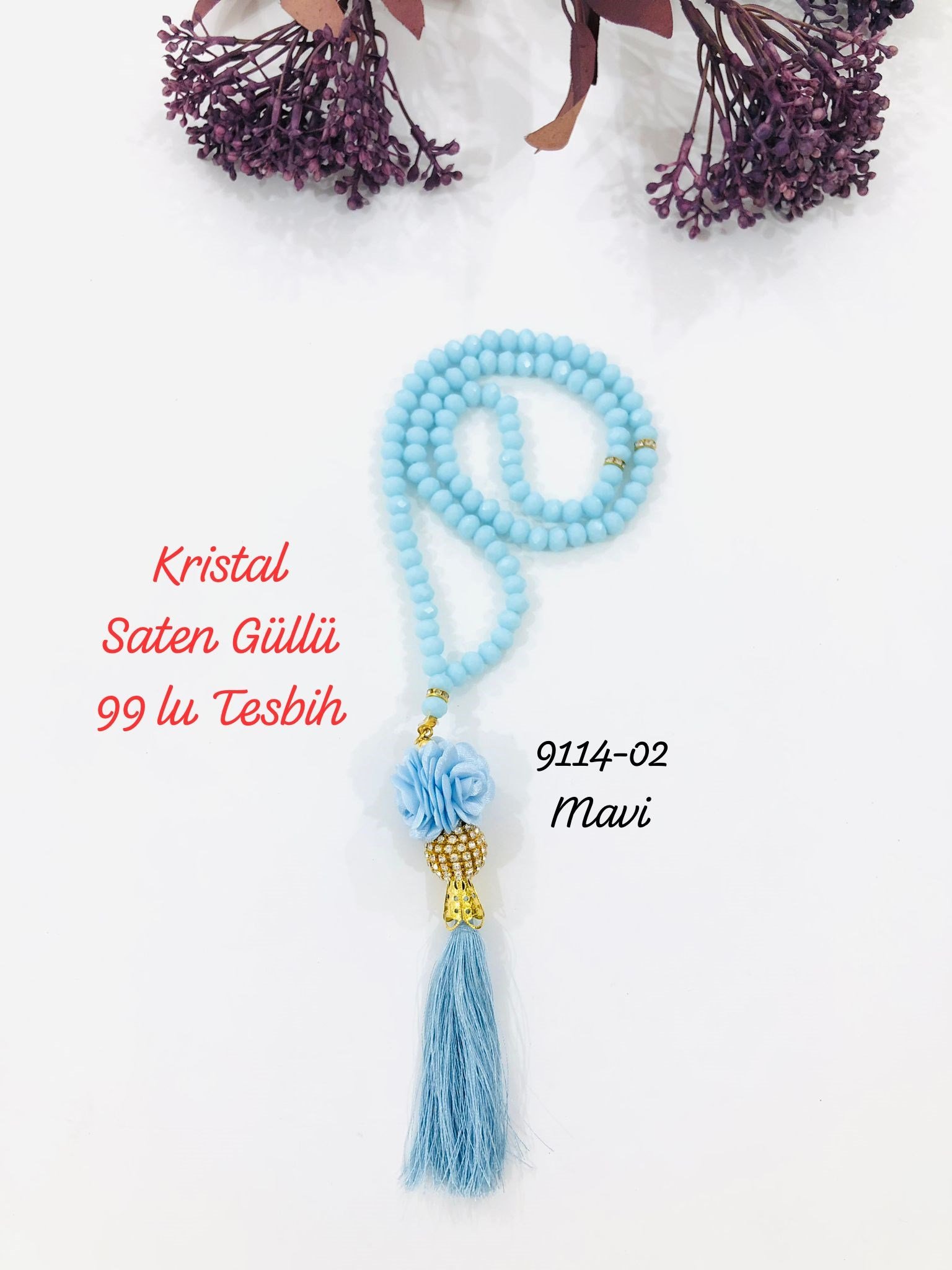 9114 Kristal Saten Güllü Tesbih