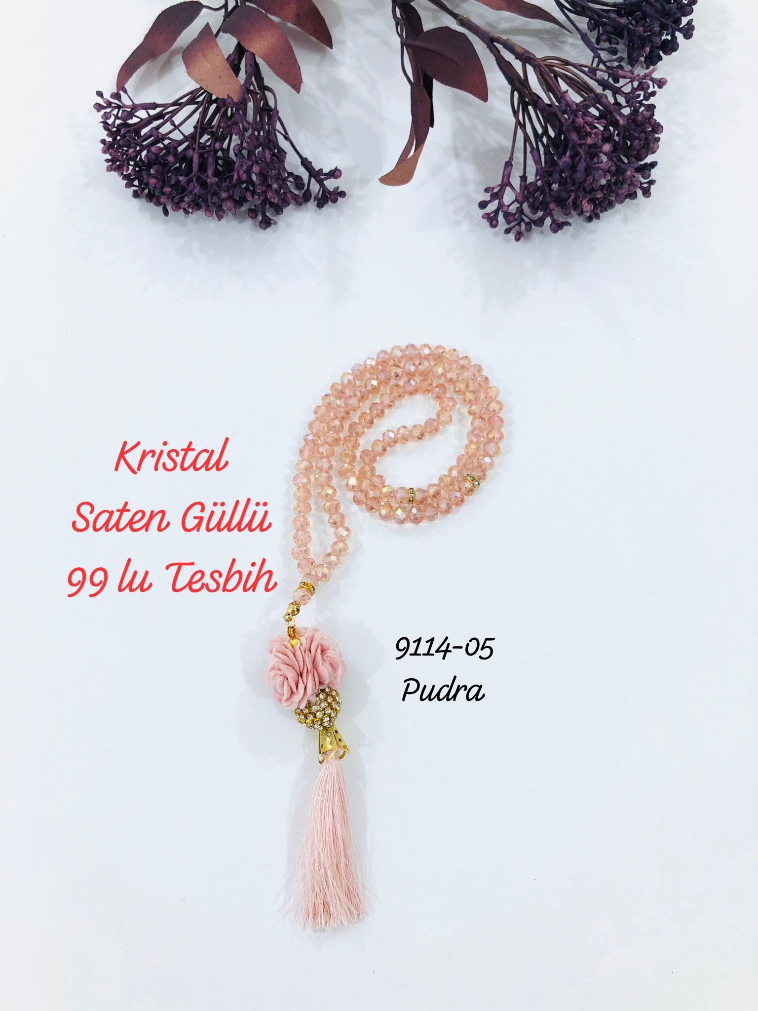 9114 Kristal Saten Güllü Tesbih