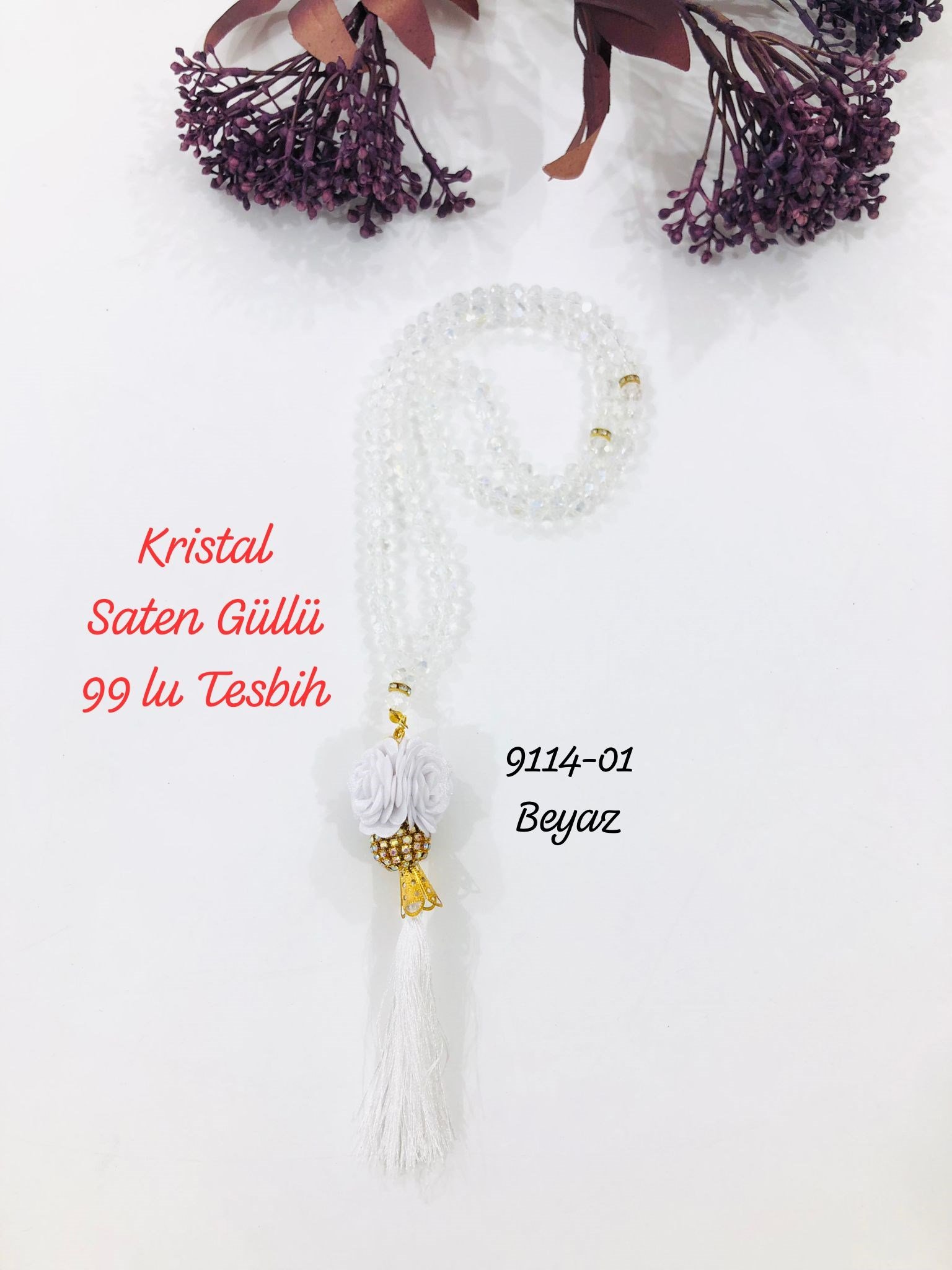 9114 Kristal Saten Güllü Tesbih