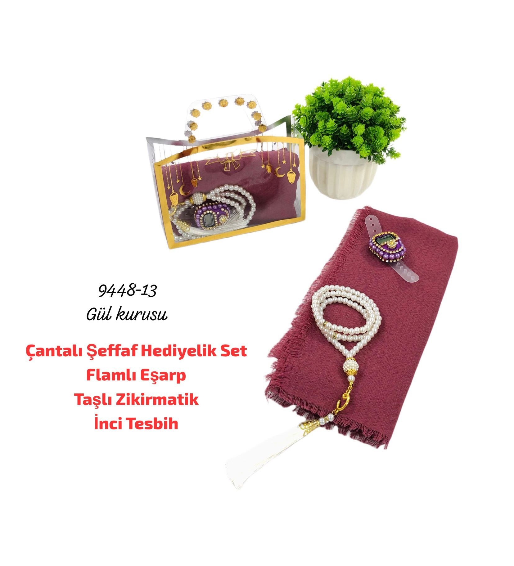 Çantalı Şeffaf Hediyelik Set Eşarp Tesbih Zikirmatik