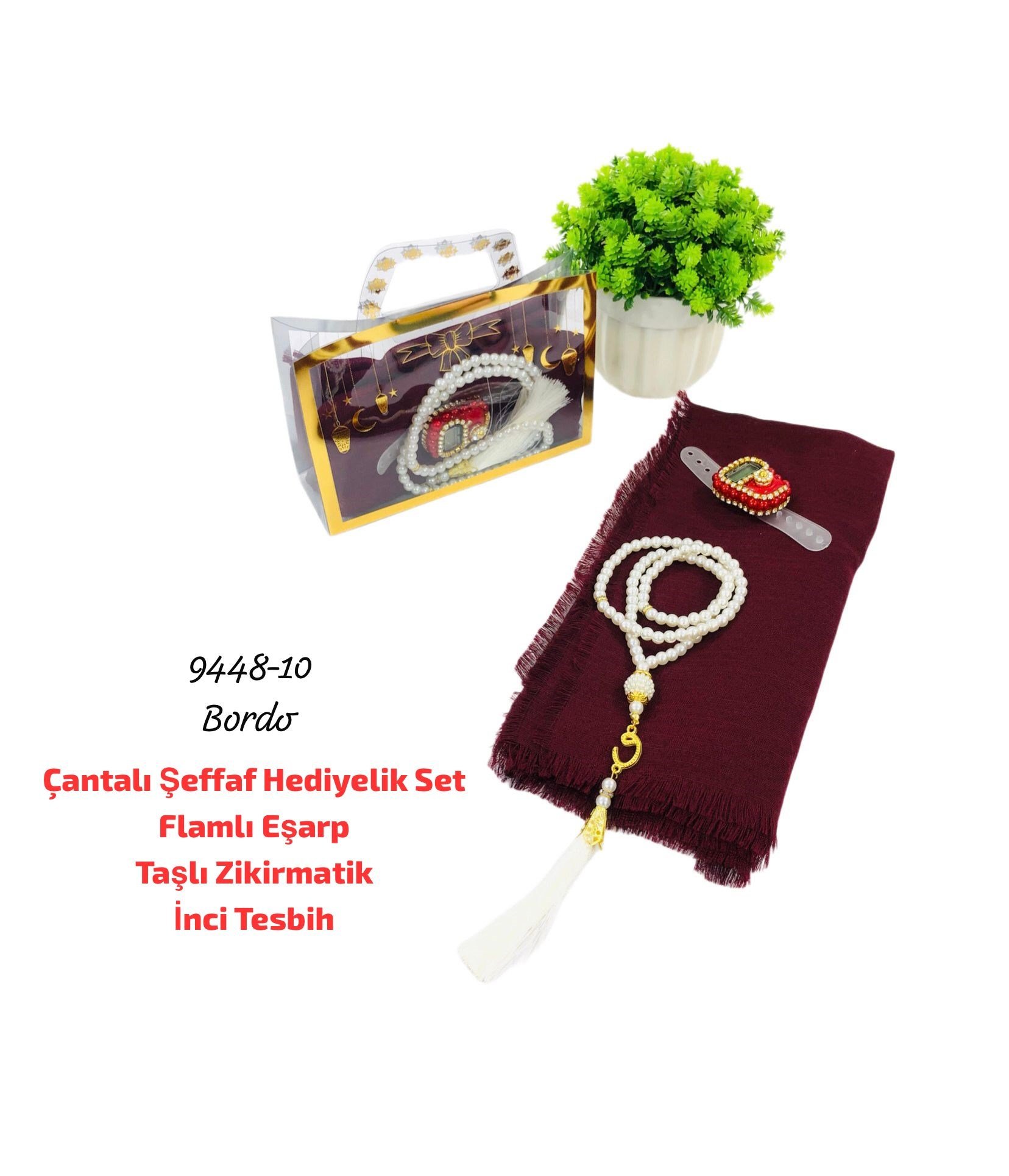 Çantalı Şeffaf Hediyelik Set Eşarp Tesbih Zikirmatik